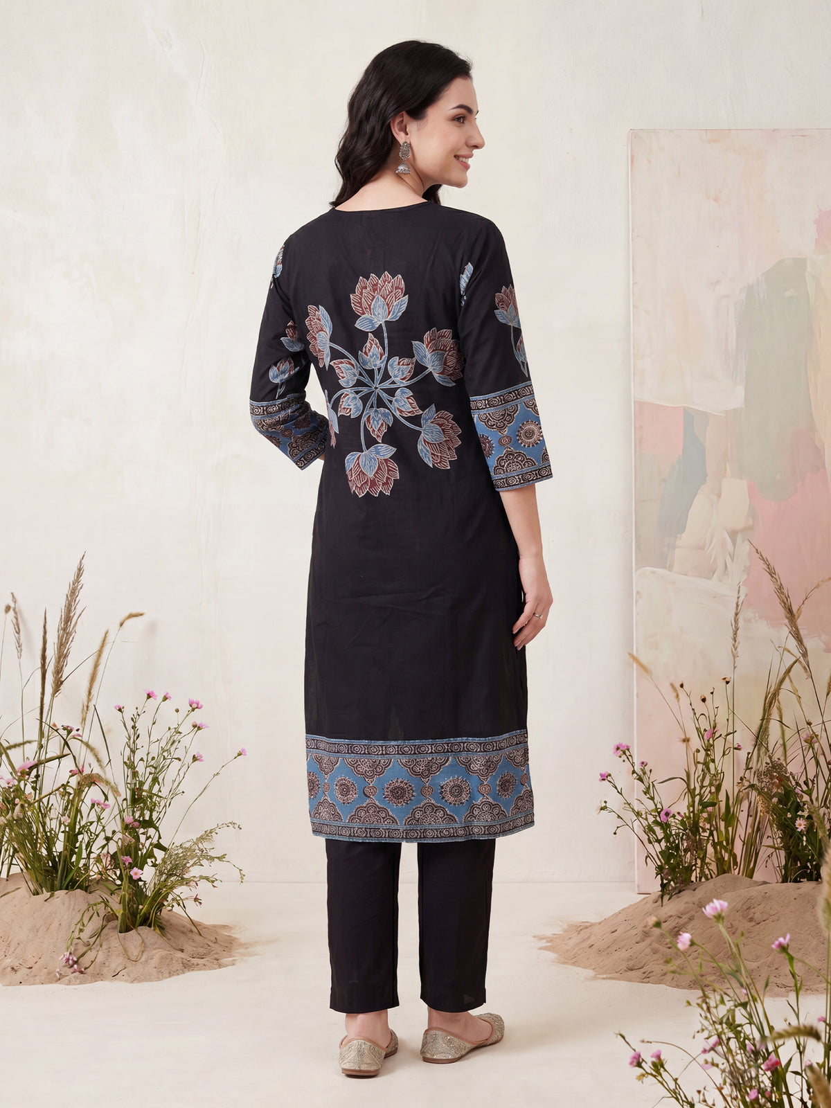 Black Printed Straight Kurta Trousers With Dupatta Set-KH0BK13381