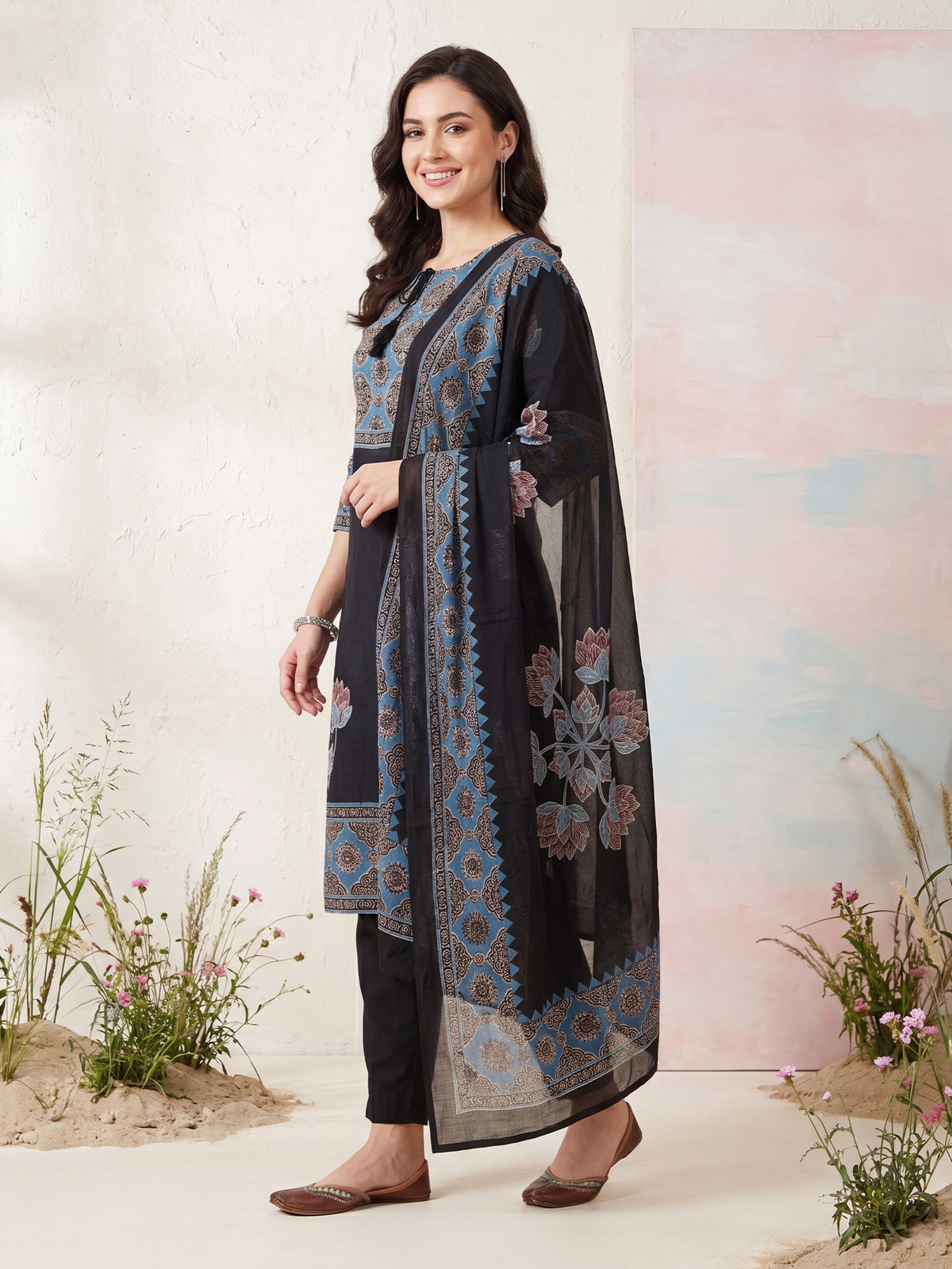 Black Printed Straight Kurta Trousers With Dupatta Set-KH0BK13381