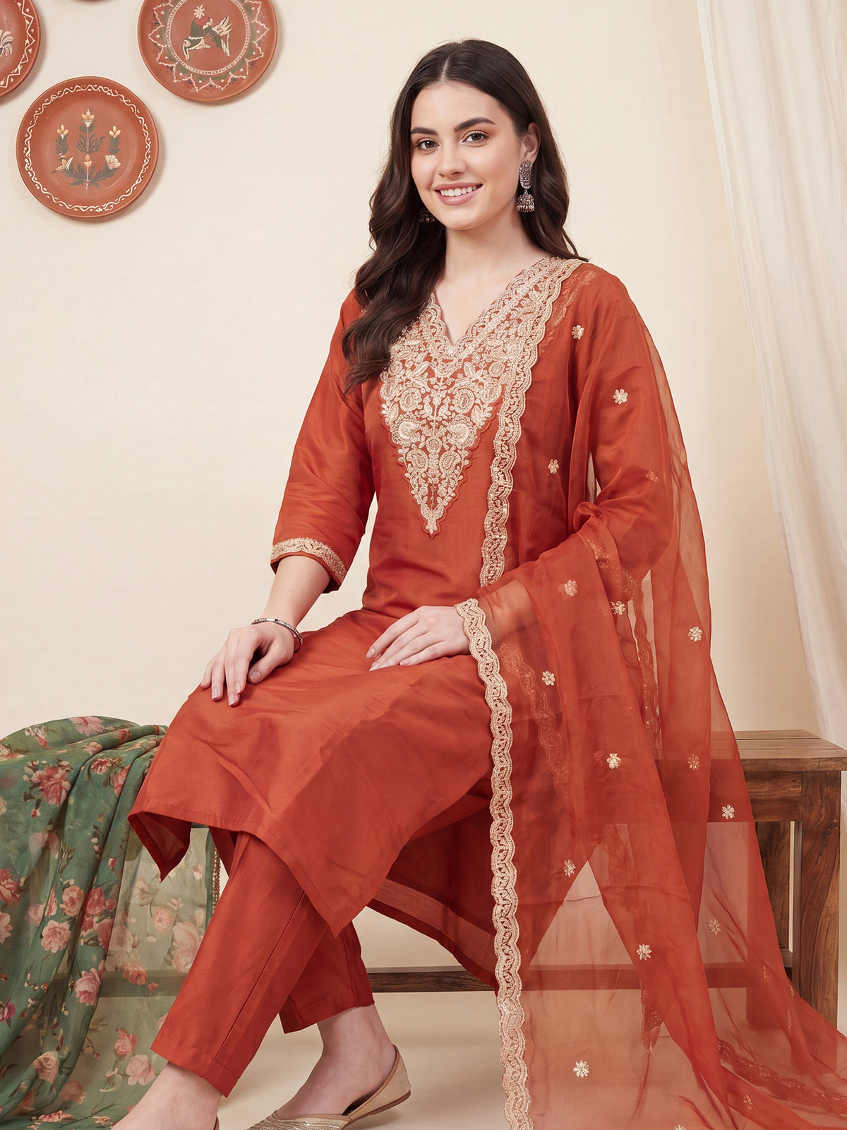 Rust Embroidered Straight Kurta Trousers With Dupatta Set-BB9KH573