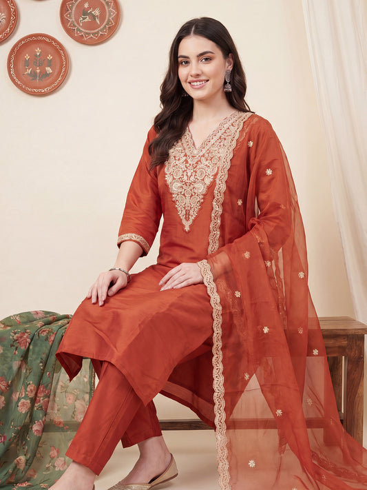 Rust Embroidered Straight Kurta Trousers With Dupatta Set-BB9KH573