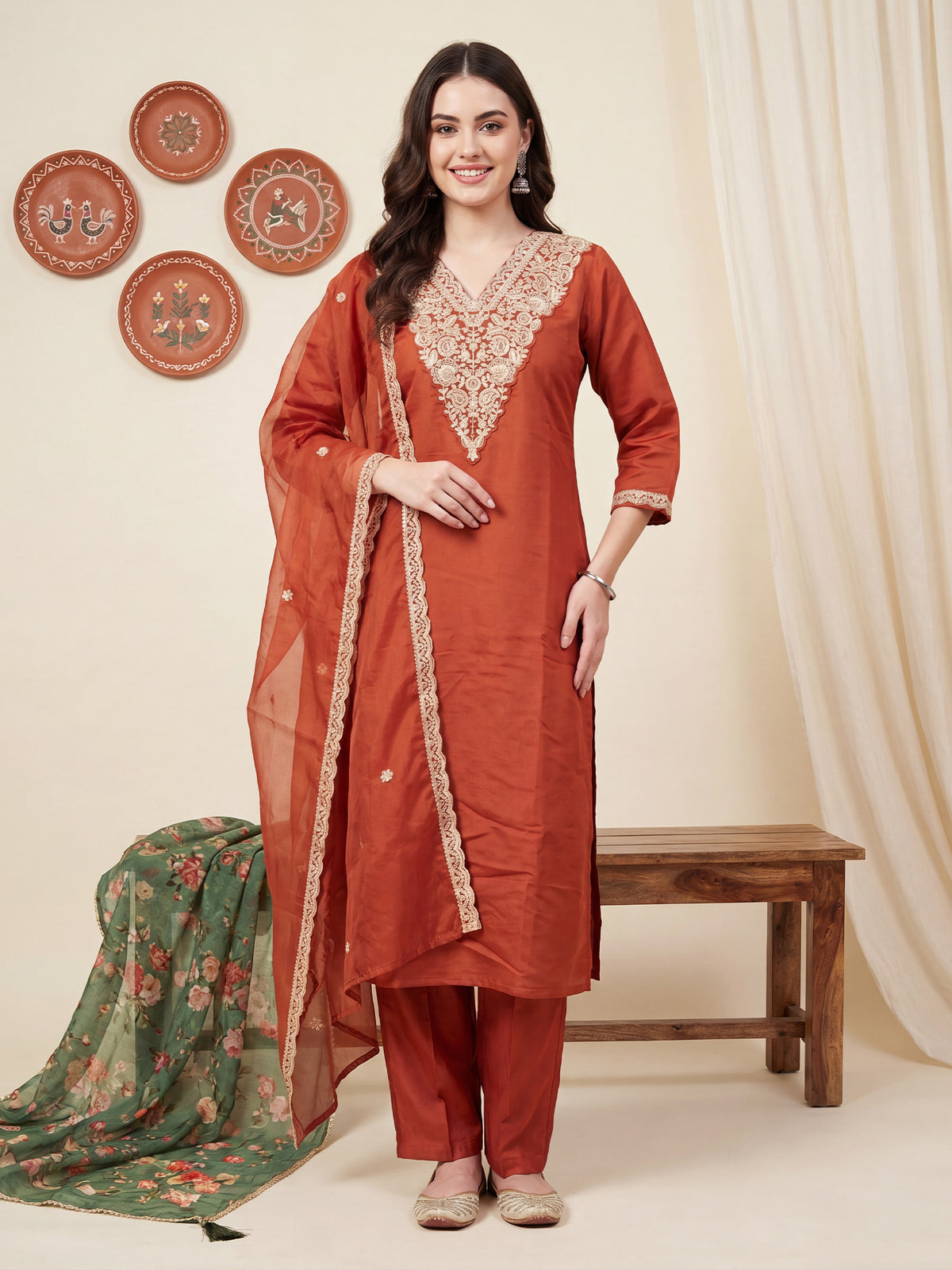 Rust Embroidered Straight Kurta Trousers With Dupatta Set-BB9KH573