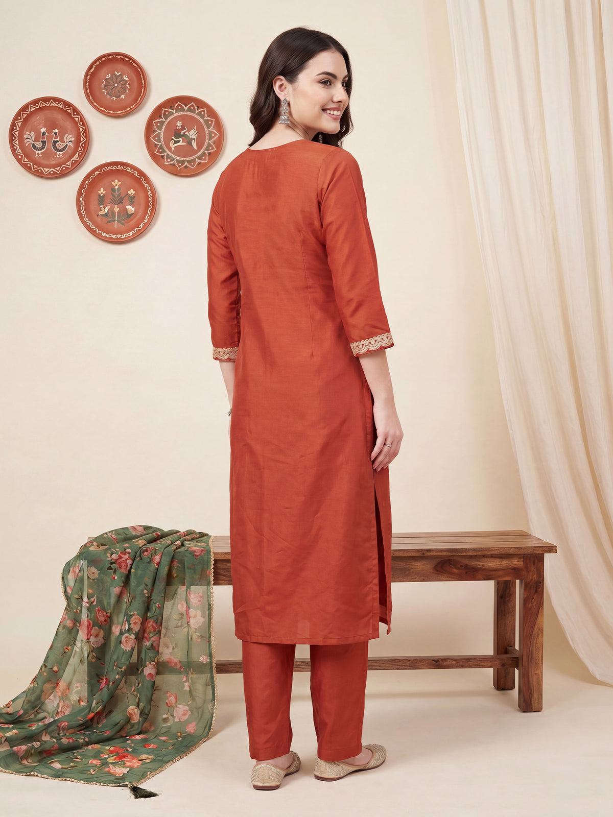 Rust Embroidered Straight Kurta Trousers With Dupatta Set-BB9KH573