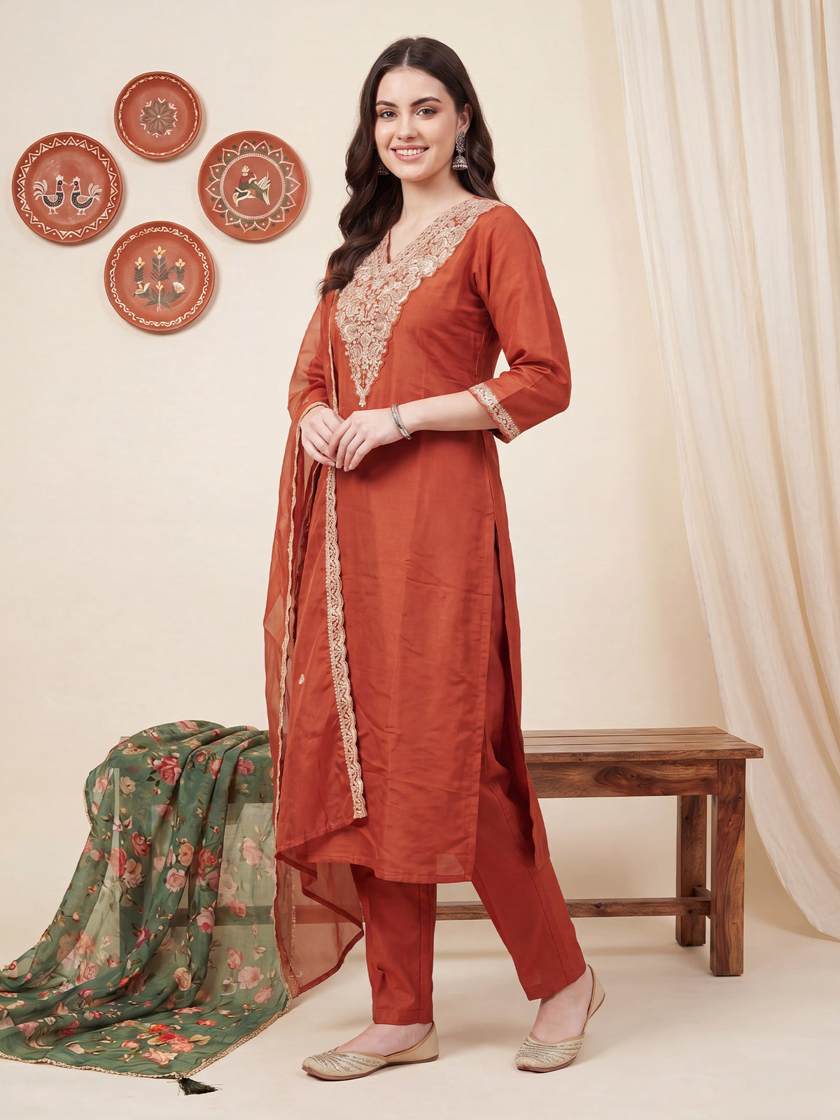 Rust Embroidered Straight Kurta Trousers With Dupatta Set-BB9KH573