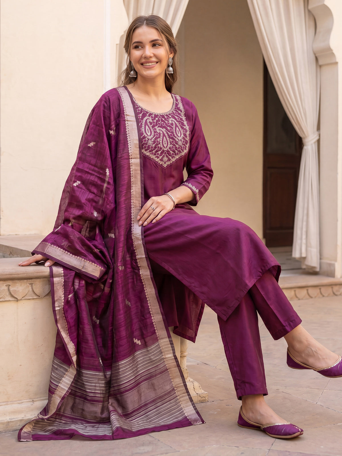Burgundy Embroidered Straight Kurta Trousers With Dupatta Set-DD9KH565