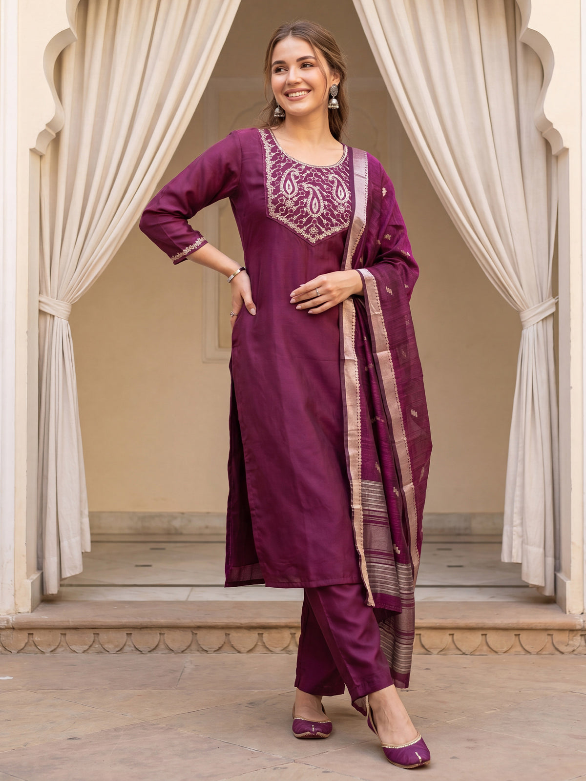 Burgundy Embroidered Straight Kurta Trousers With Dupatta Set-DD9KH565