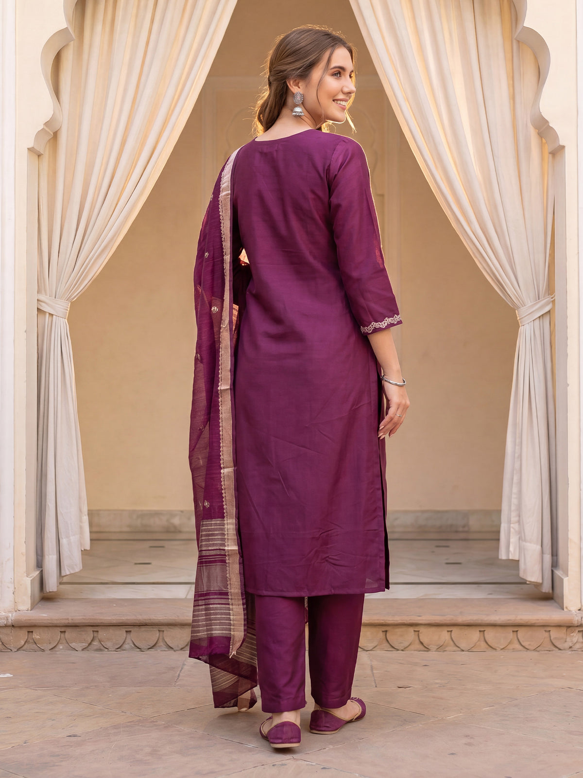 Burgundy Embroidered Straight Kurta Trousers With Dupatta Set-DD9KH565