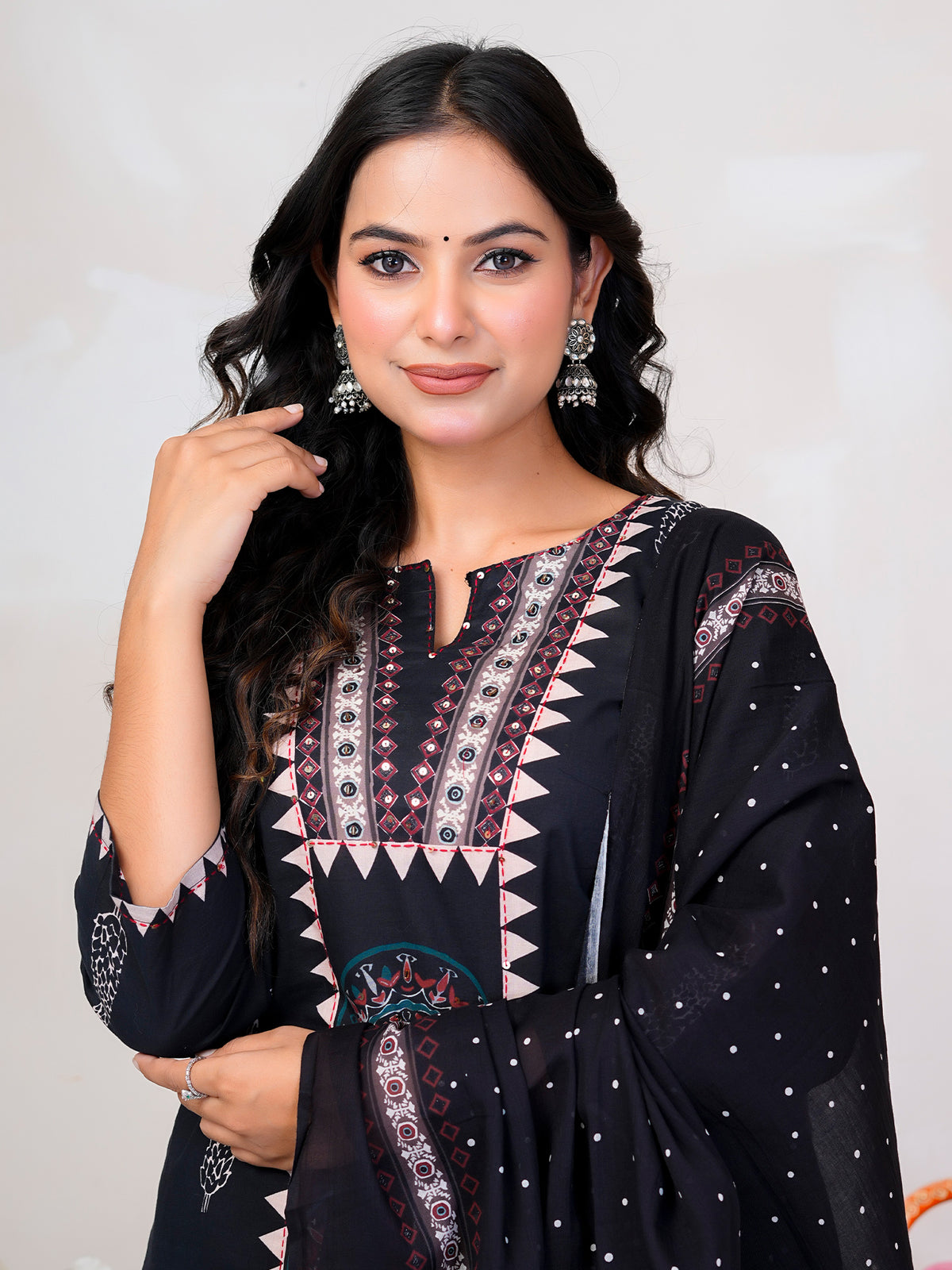 Black Printed Straight Kurta Trousers With Dupatta Set-KH0BK13375