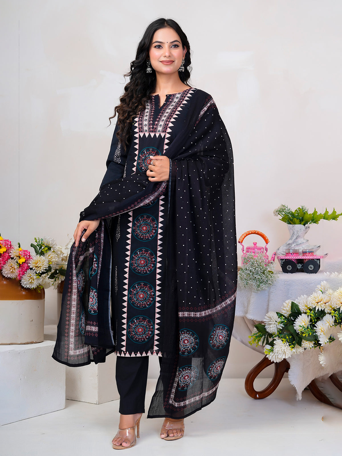 Black Printed Straight Kurta Trousers With Dupatta Set-KH0BK13375