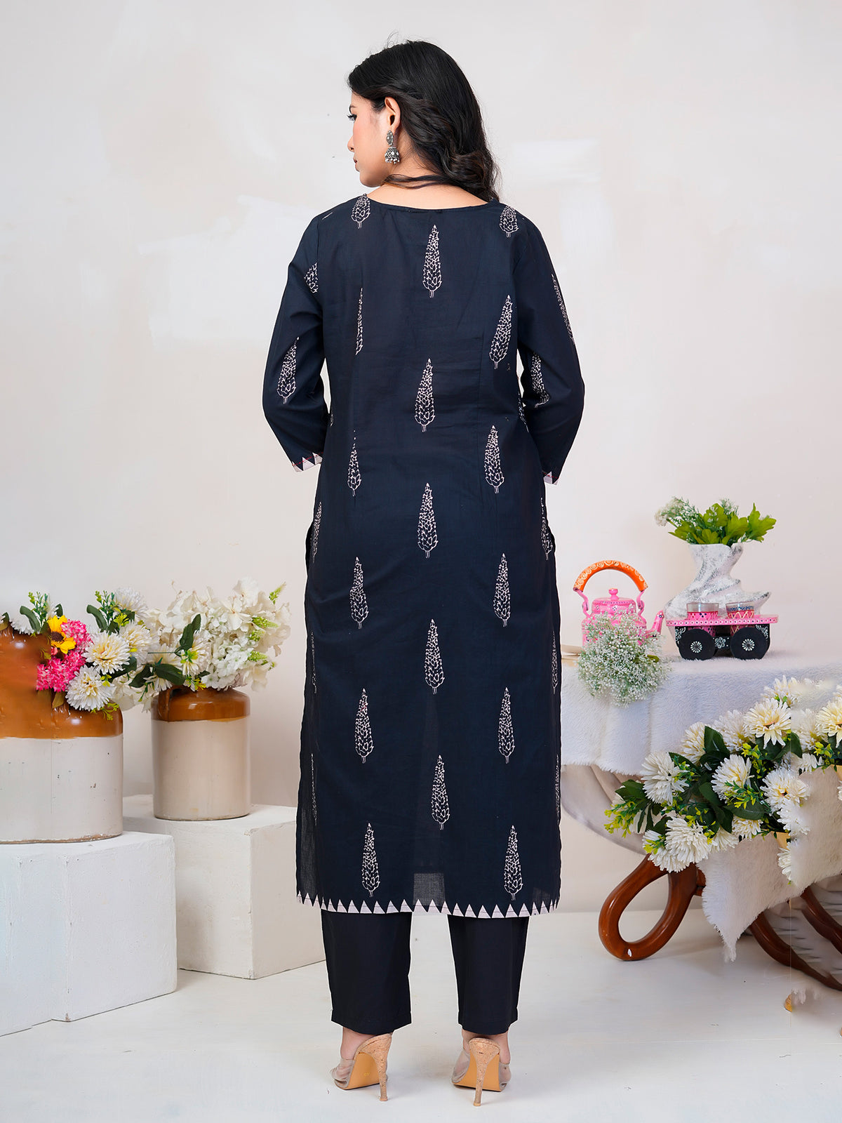 Black Printed Straight Kurta Trousers With Dupatta Set-KH0BK13375