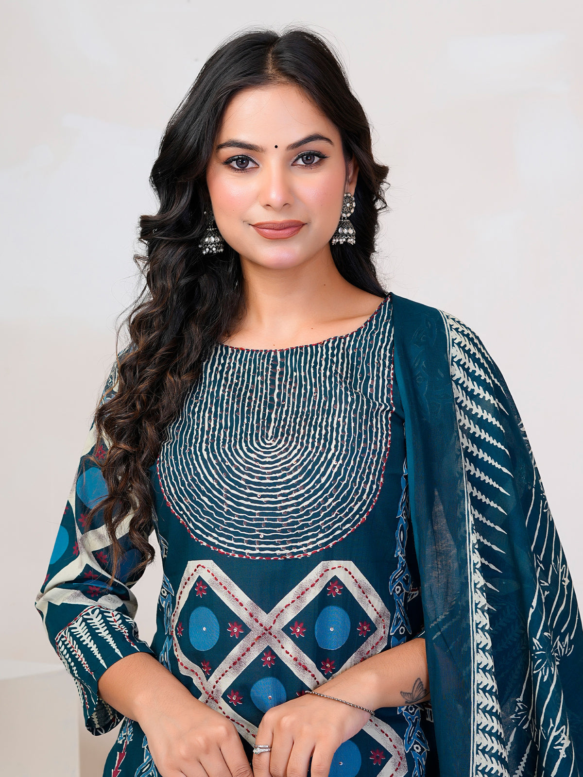 Blue Printed Straight Kurta Trousers With Dupatta Set-KH0BL13374