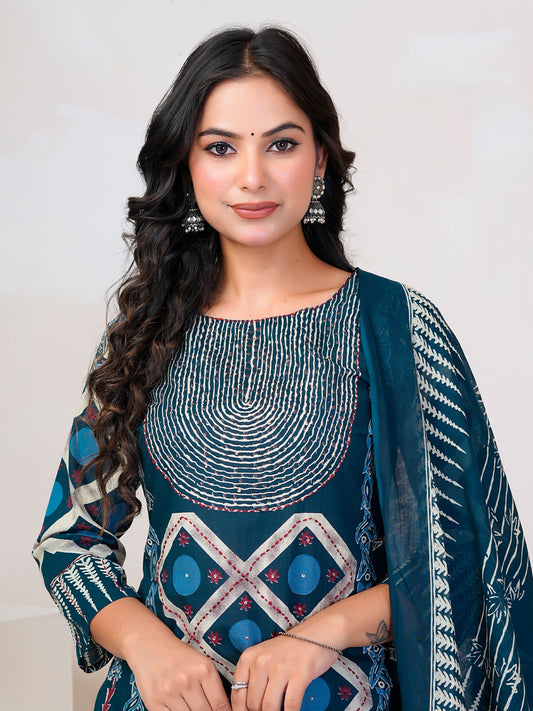 Blue Printed Straight Kurta Trousers With Dupatta Set-KH0BL13374