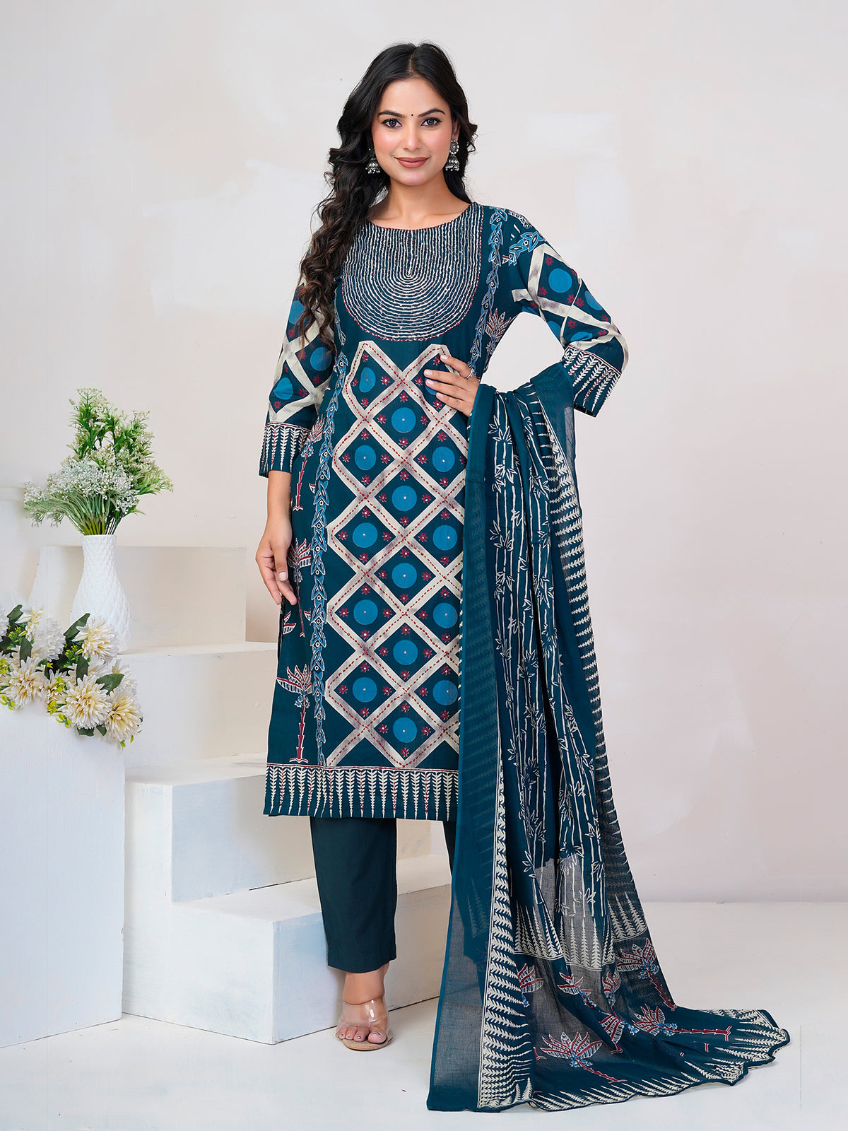Blue Printed Straight Kurta Trousers With Dupatta Set-KH0BL13374