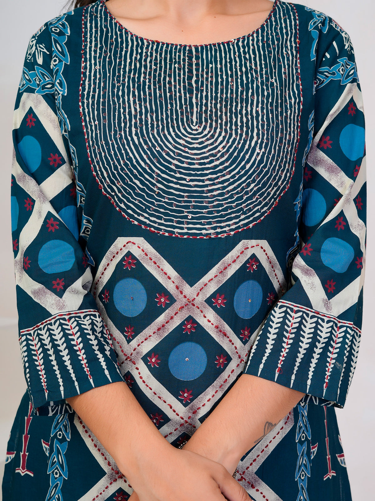 Blue Printed Straight Kurta Trousers With Dupatta Set-KH0BL13374