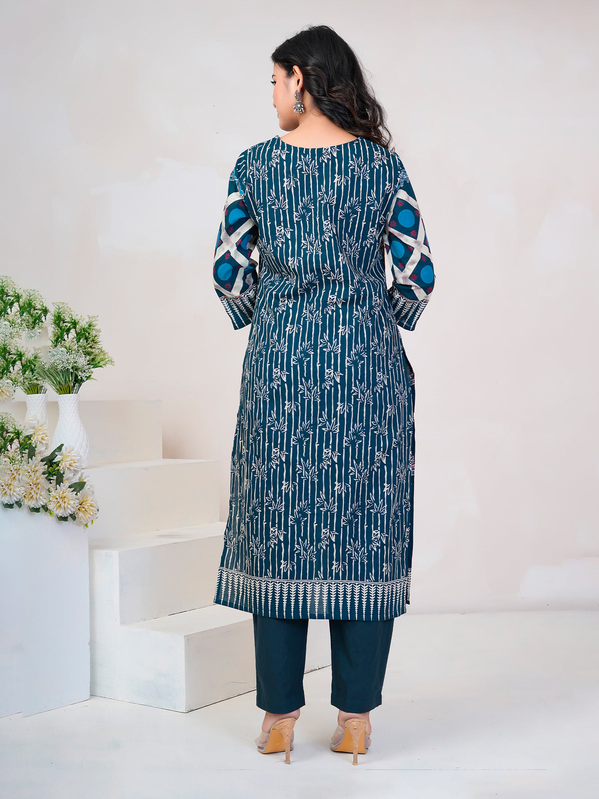 Blue Printed Straight Kurta Trousers With Dupatta Set-KH0BL13374