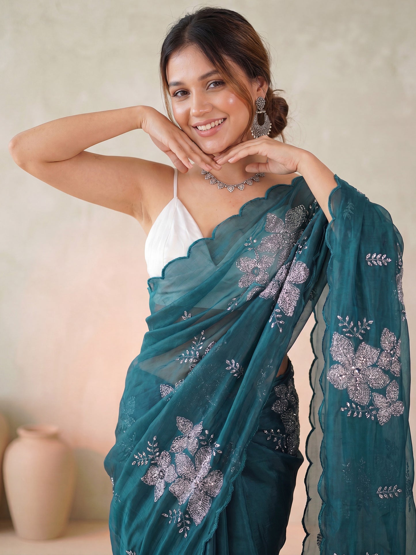 Women's Organza Teal blue Embellished Designer Saree With Blouse Piece