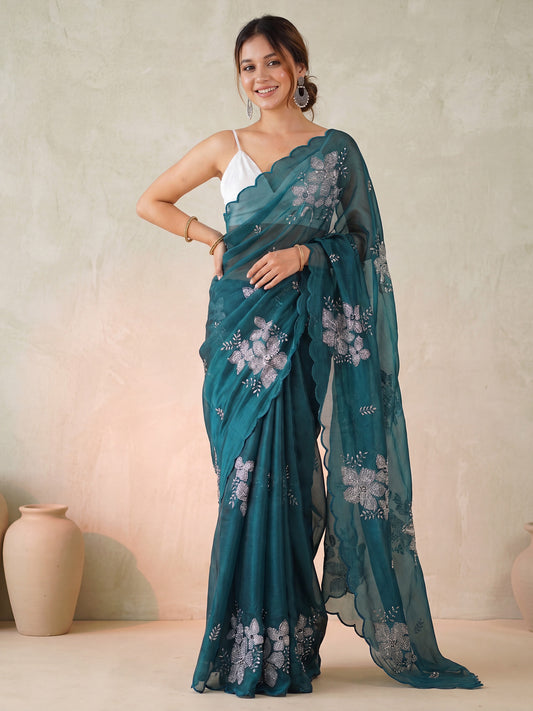 Women's Organza Teal blue Embellished Designer Saree With Blouse Piece