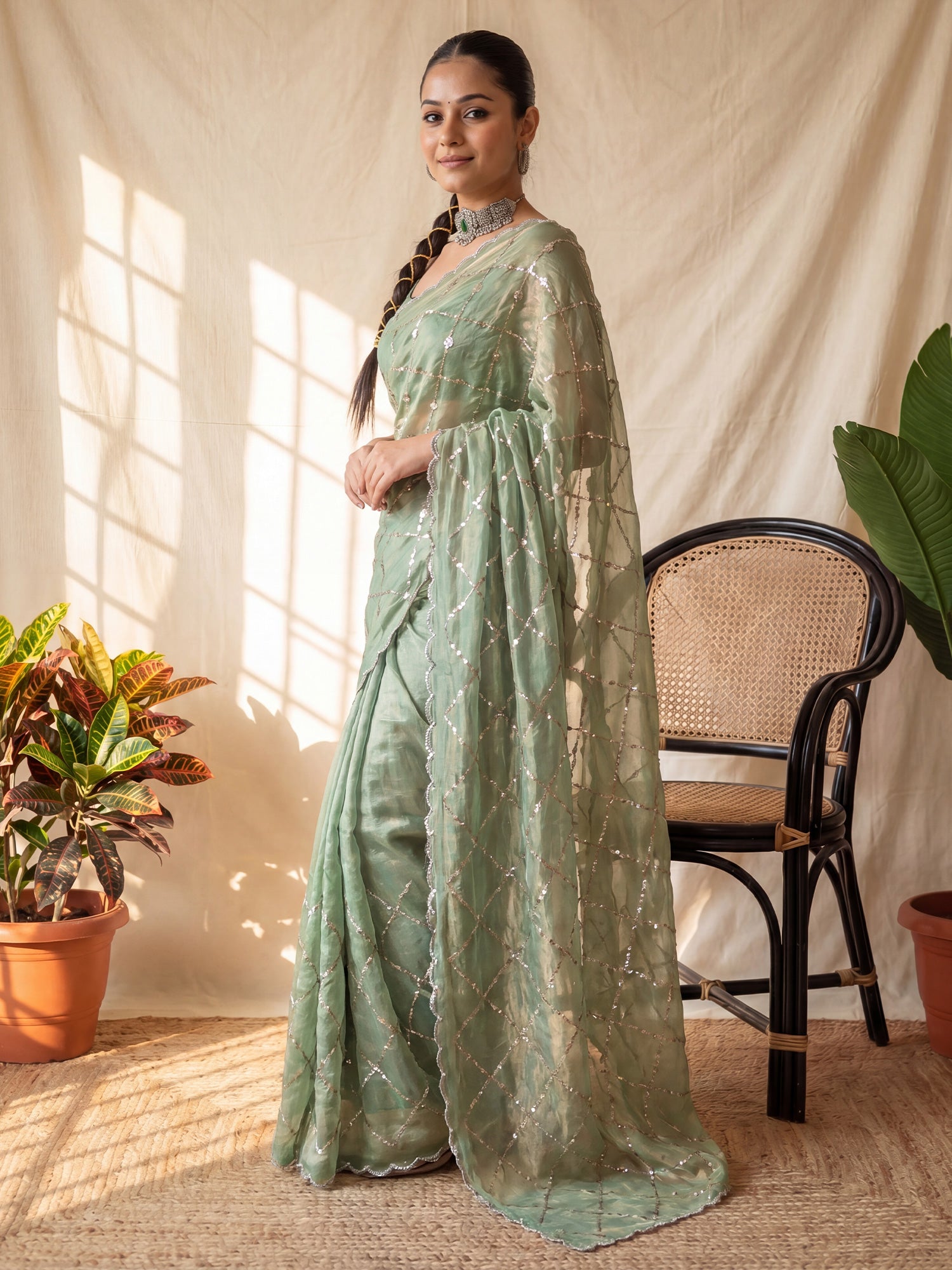 Women's Satin Light Green Embellished Designer Saree With Blouse Piece