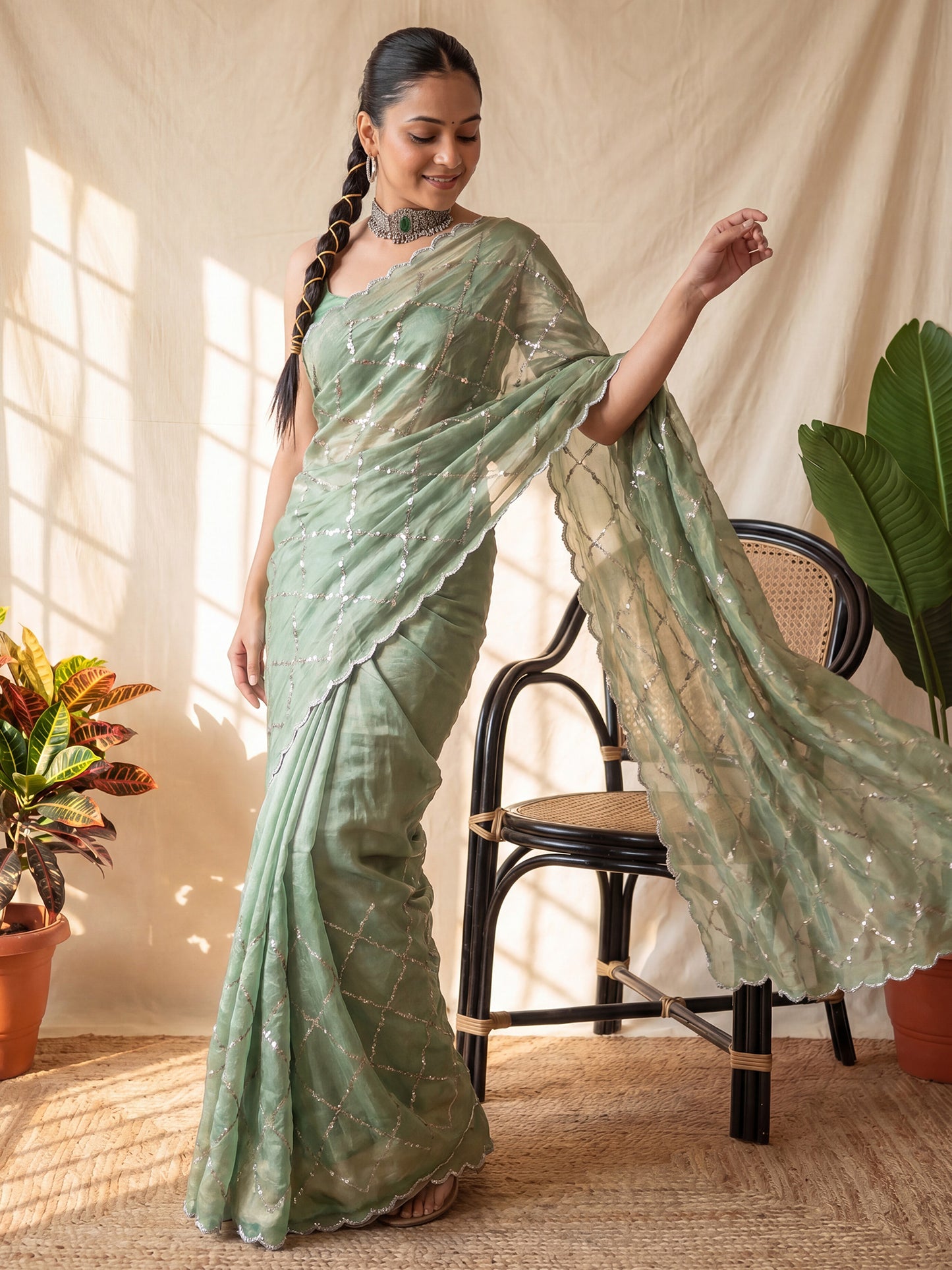 Women's Satin Light Green Embellished Designer Saree With Blouse Piece