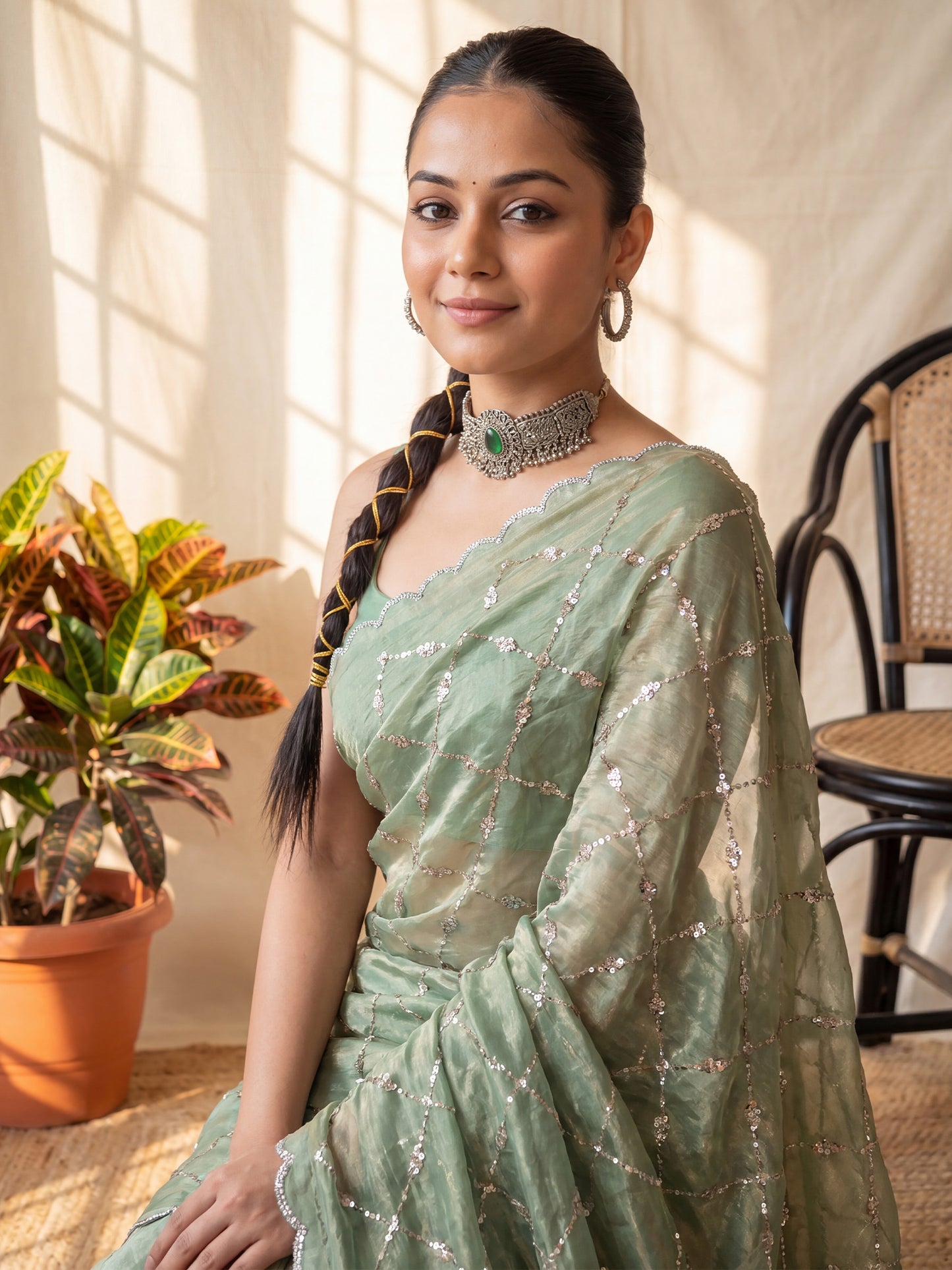 Women's Satin Light Green Embellished Designer Saree With Blouse Piece