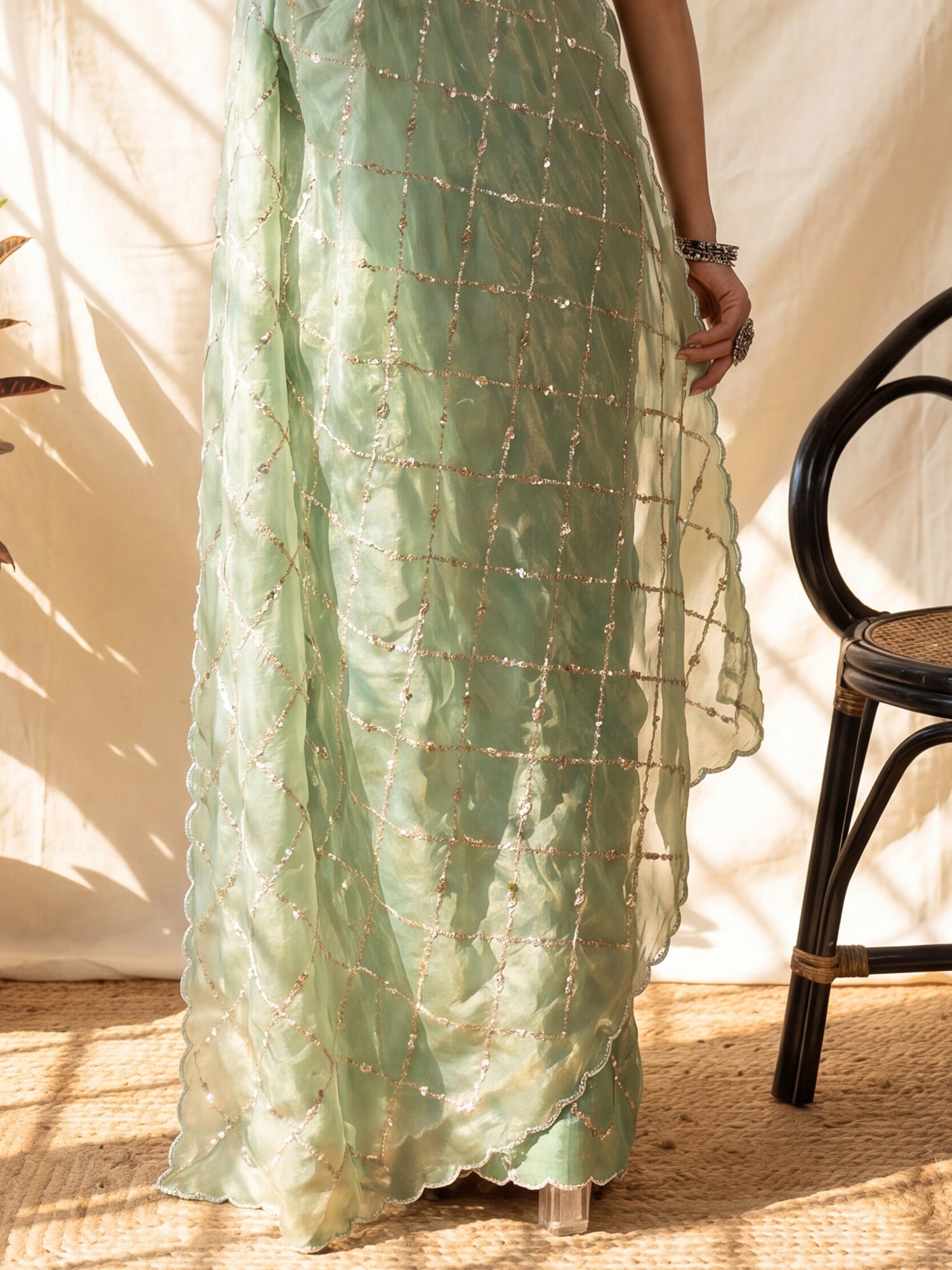Women's Satin Light Green Embellished Designer Saree With Blouse Piece