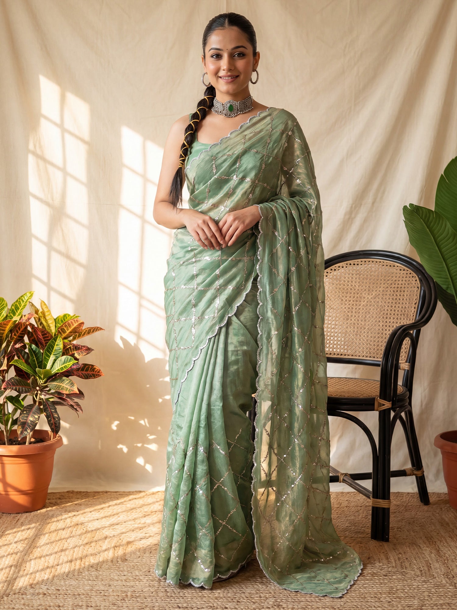 Women's Satin Light Green Embellished Designer Saree With Blouse Piece