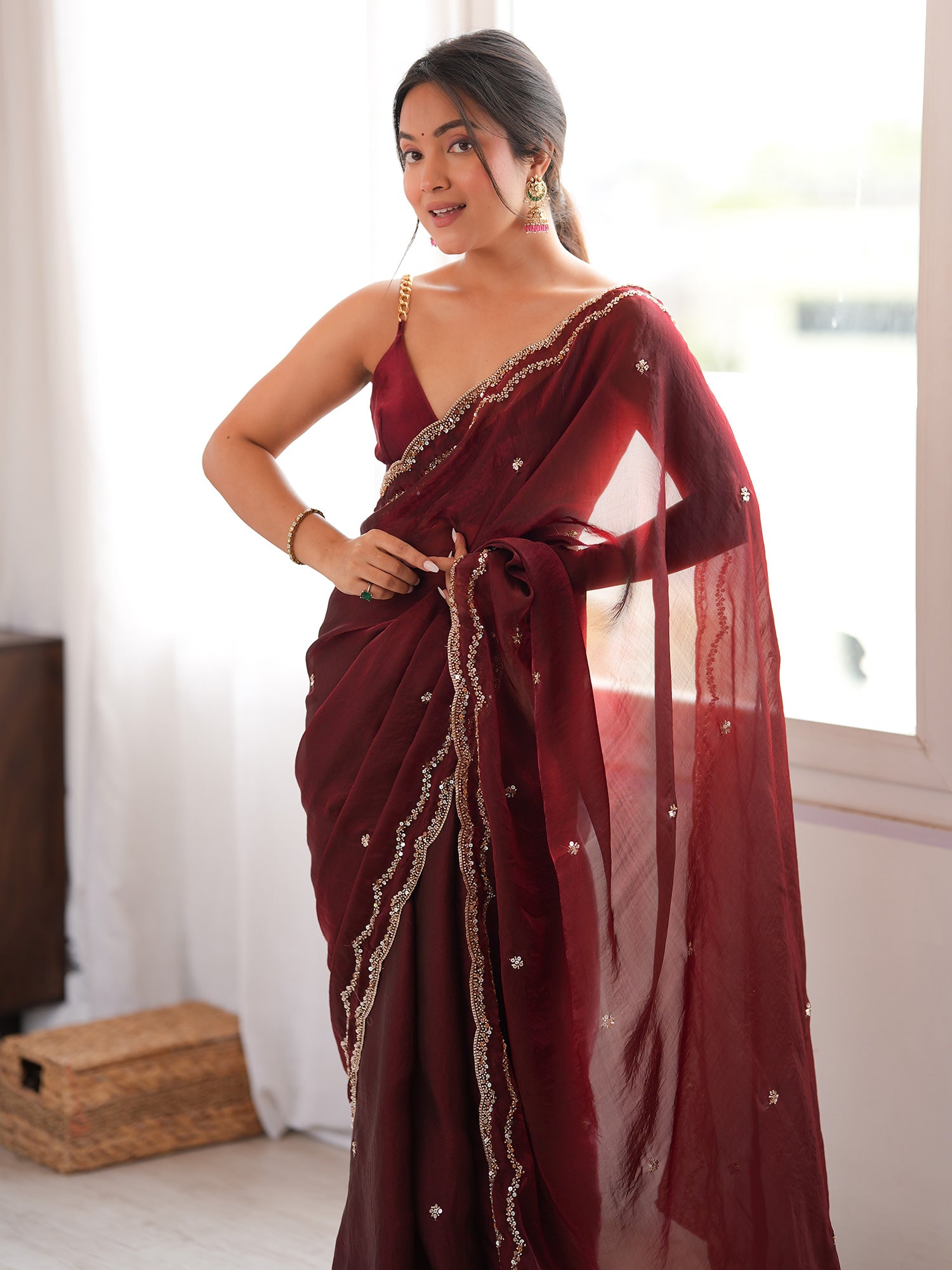 Women's Satin Silk Maroon Embellished Designer Saree With Blouse Piece