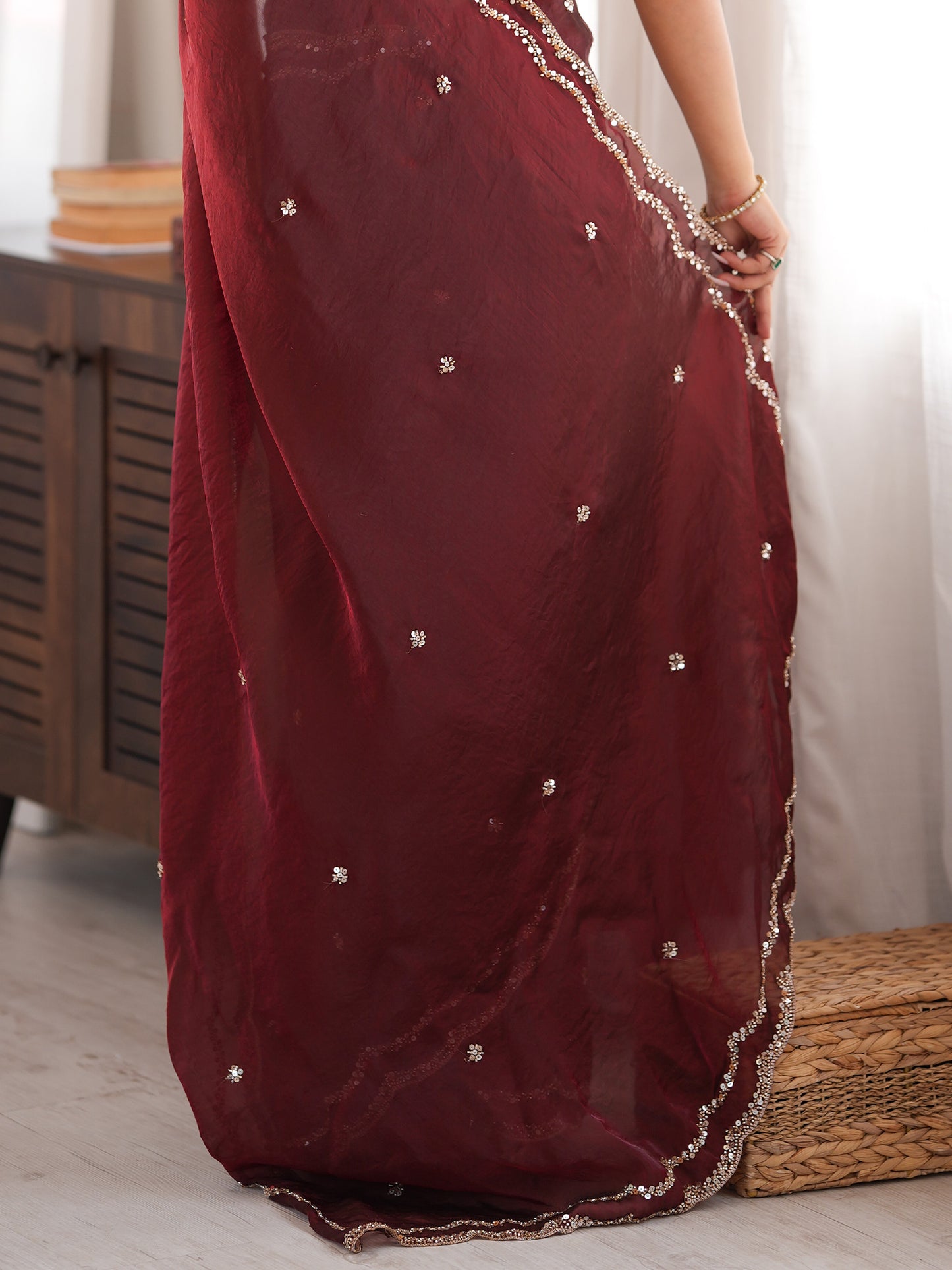 Women's Satin Silk Maroon Embellished Designer Saree With Blouse Piece