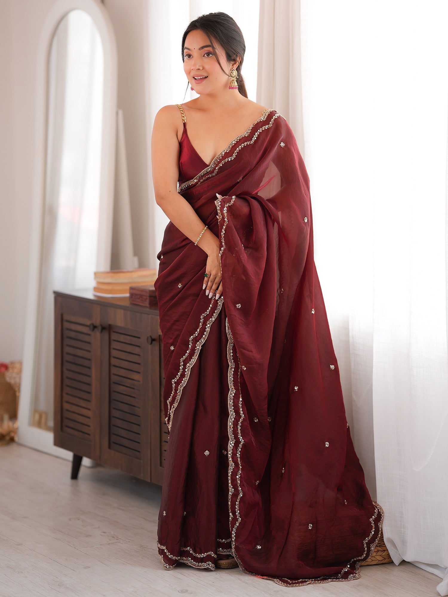 Women's Satin Silk Maroon Embellished Designer Saree With Blouse Piece