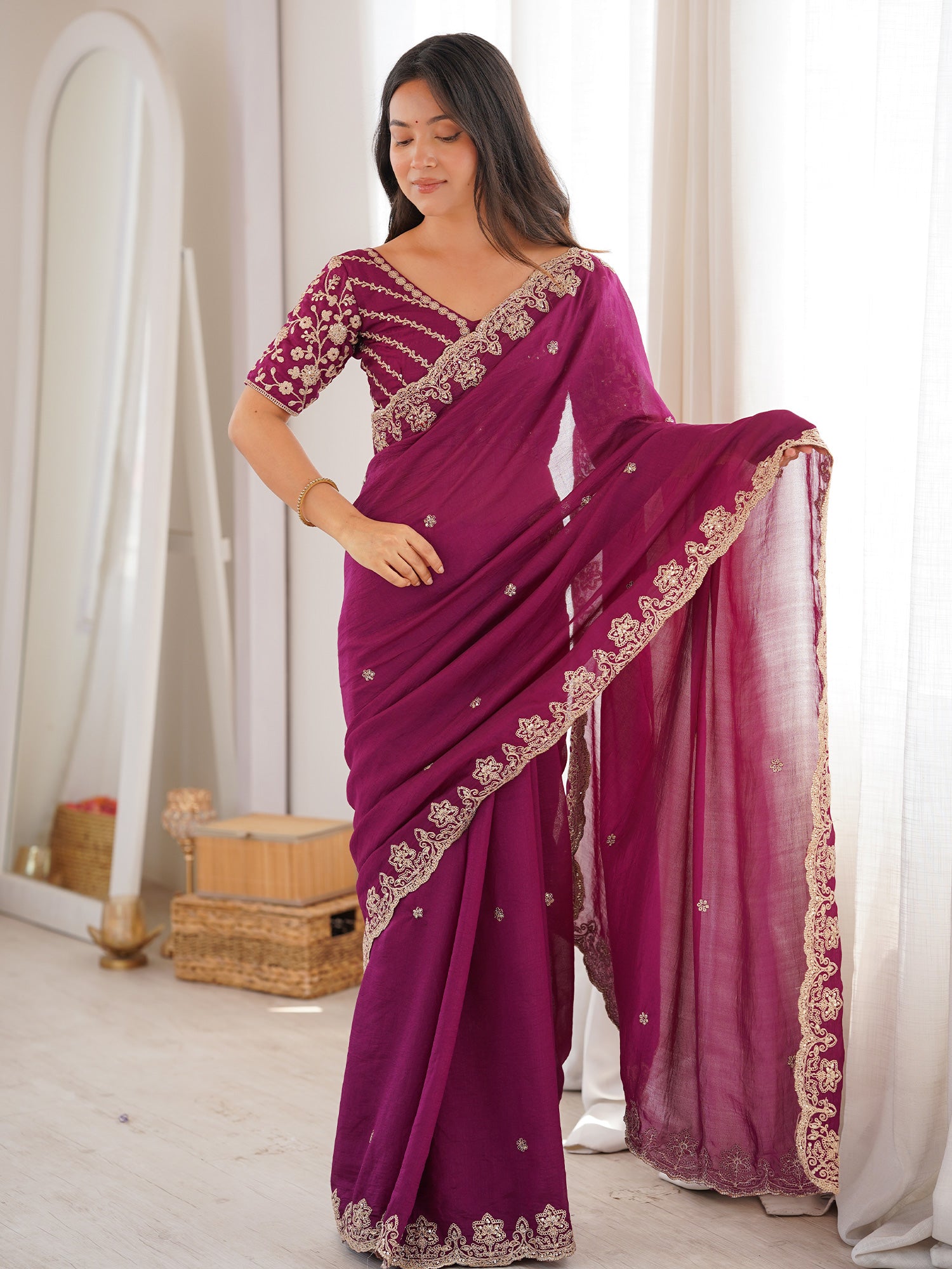 Women's Vichitra Silk Magenta Embellished Designer Saree With Blouse Piece