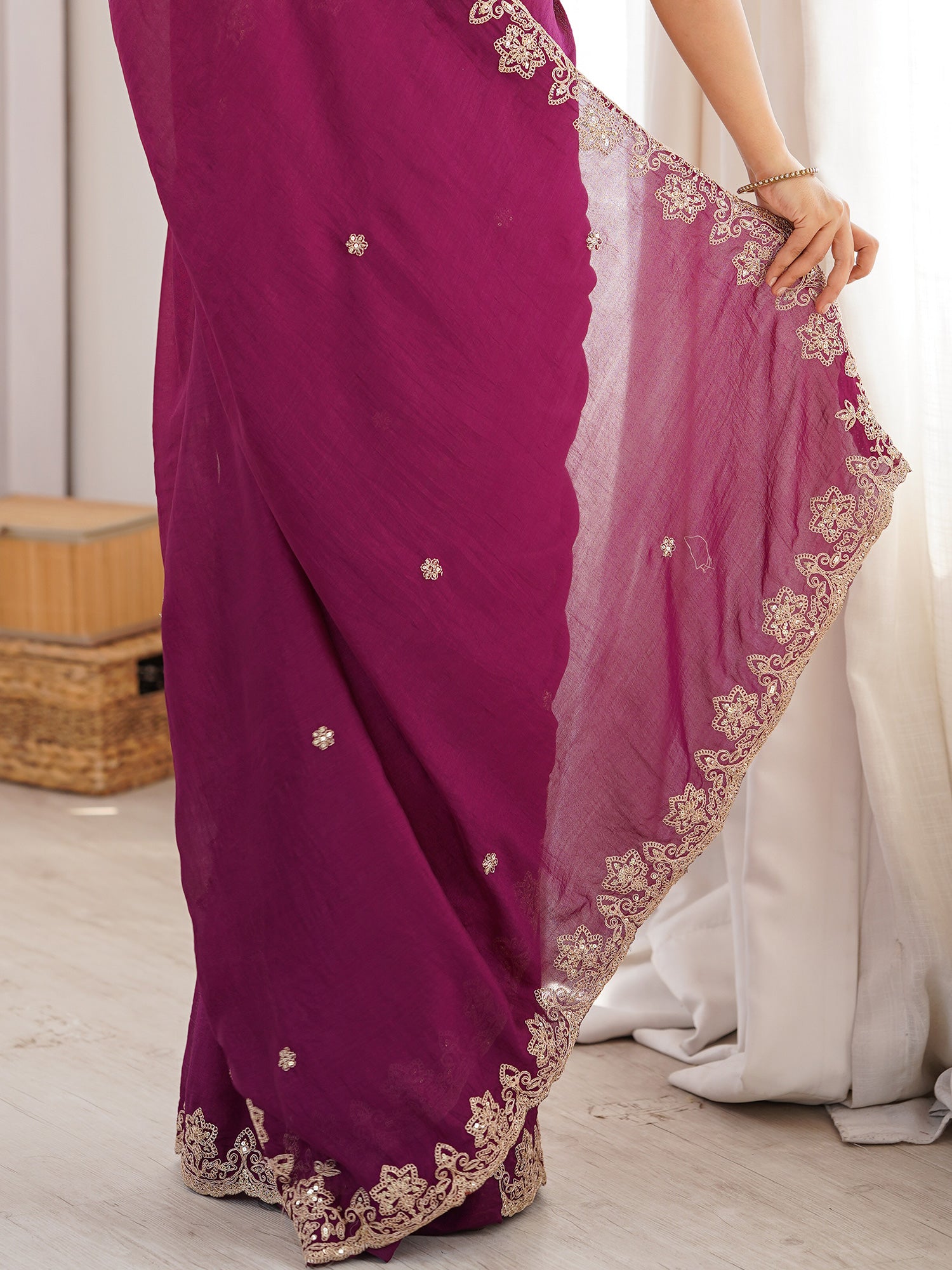 Women's Vichitra Silk Magenta Embellished Designer Saree With Blouse Piece