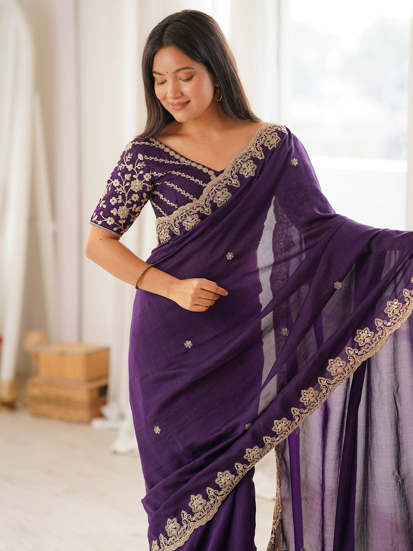Women's Vichitra Silk Purple Embellished Designer Saree With Blouse Piece