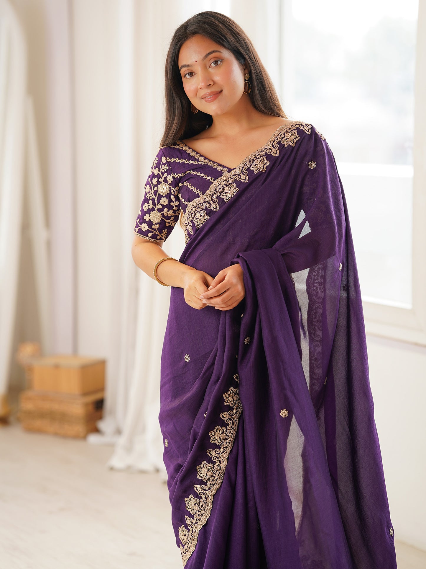 Women's Vichitra Silk Purple Embellished Designer Saree With Blouse Piece