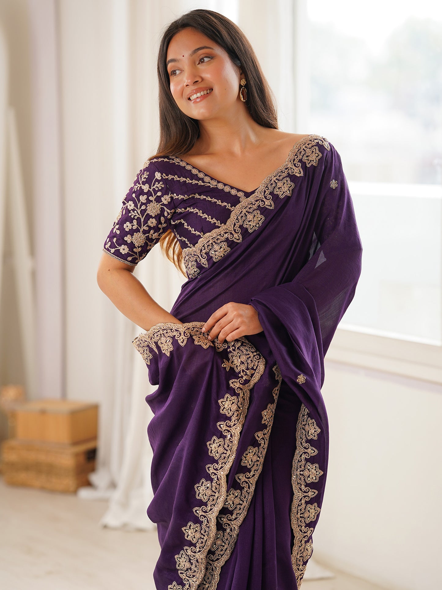 Women's Vichitra Silk Purple Embellished Designer Saree With Blouse Piece