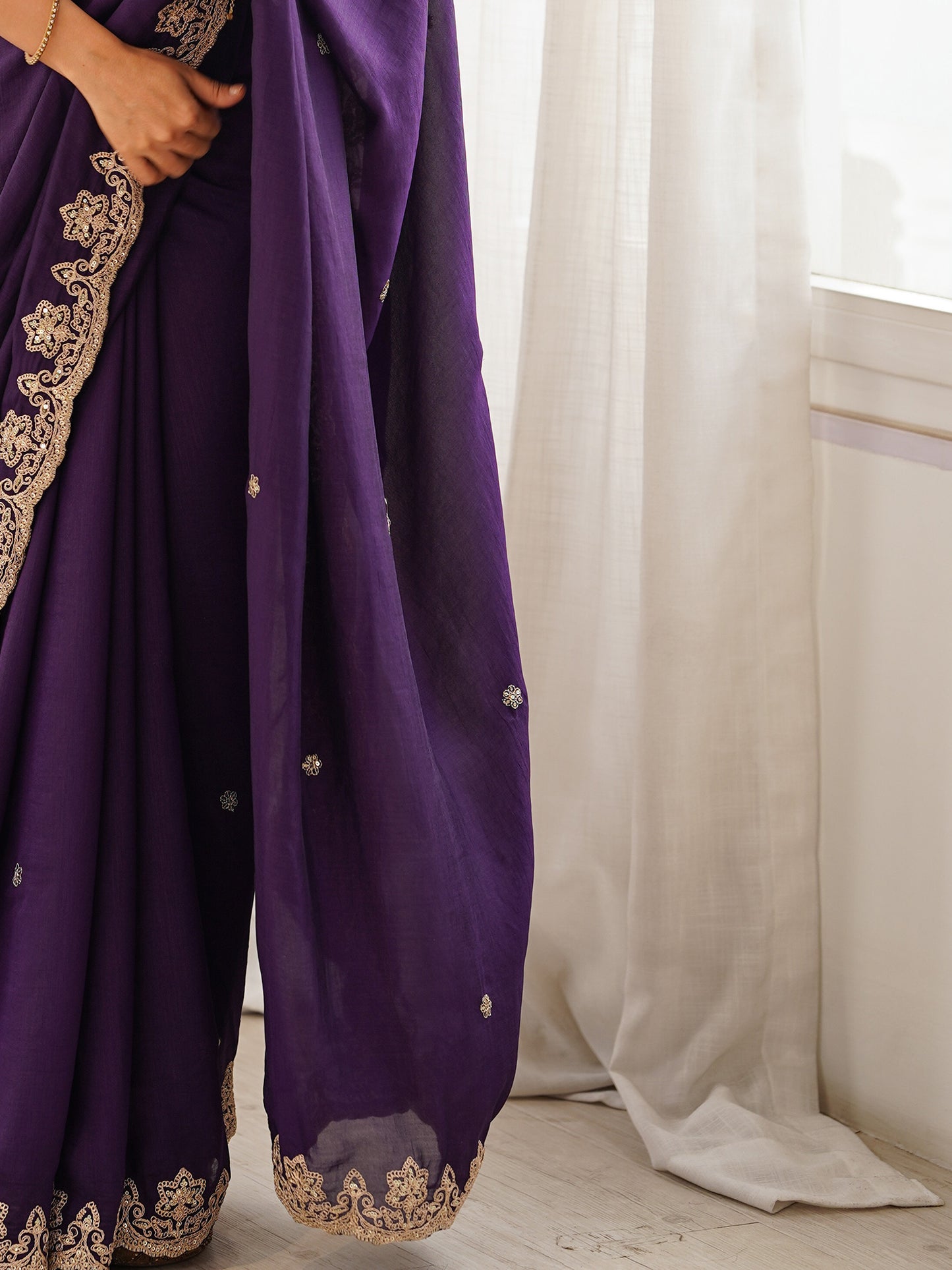 Women's Vichitra Silk Purple Embellished Designer Saree With Blouse Piece