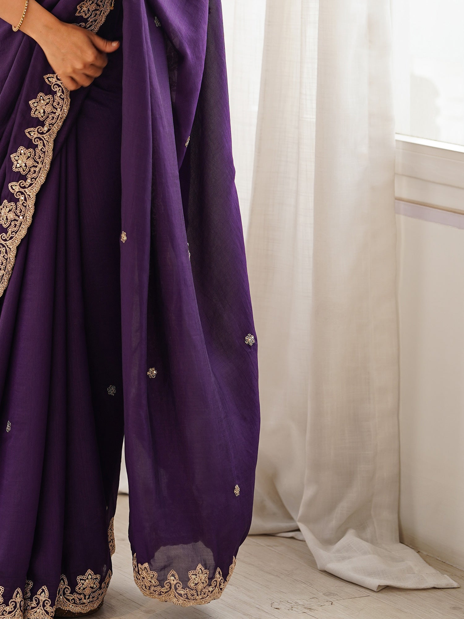 Women's Vichitra Silk Purple Embellished Designer Saree With Blouse Piece