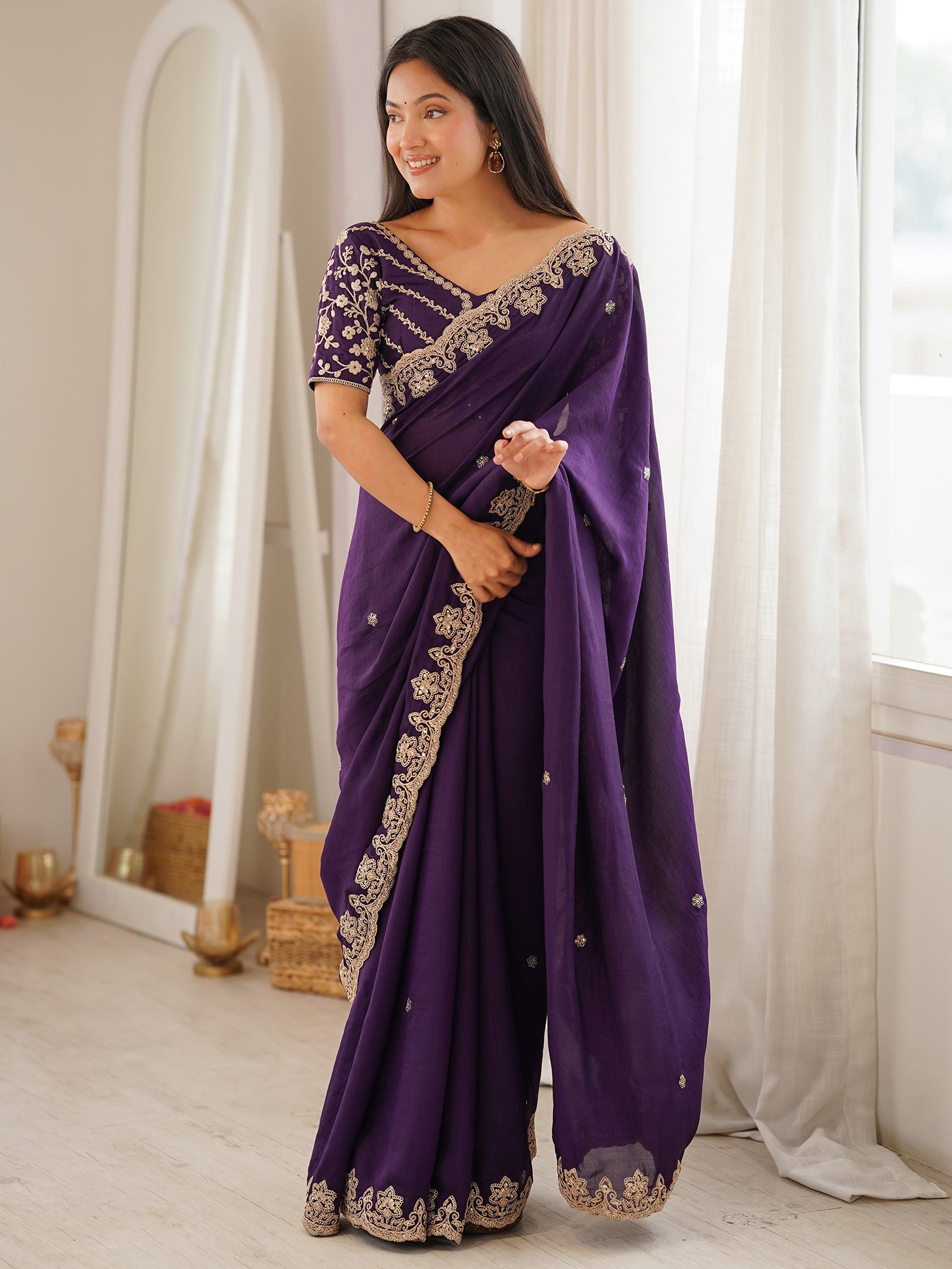 Women's Vichitra Silk Purple Embellished Designer Saree With Blouse Piece