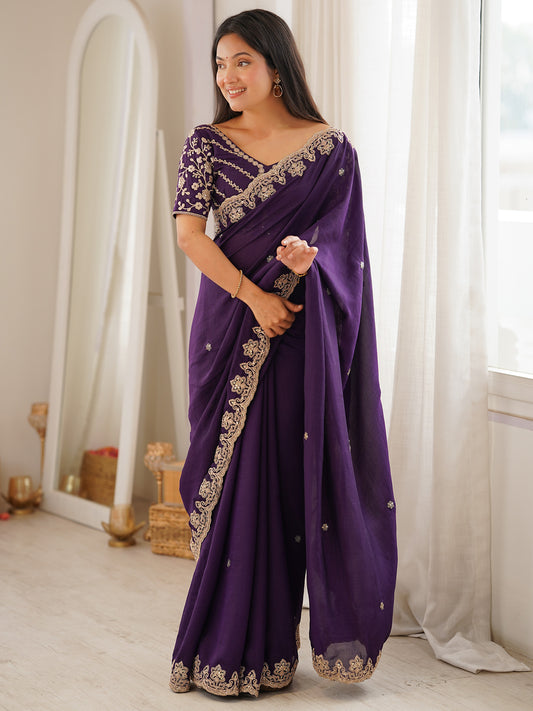Women's Vichitra Silk Purple Embellished Designer Saree With Blouse Piece