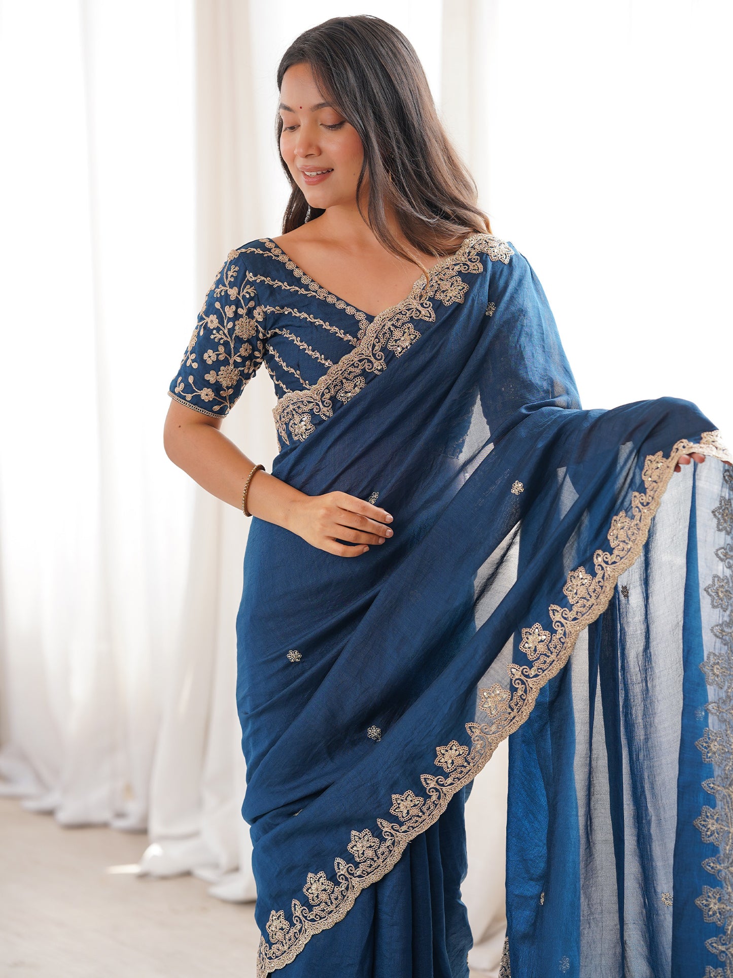 Women's Vichitra Silk Blue Embellished Designer Saree With Blouse Piece