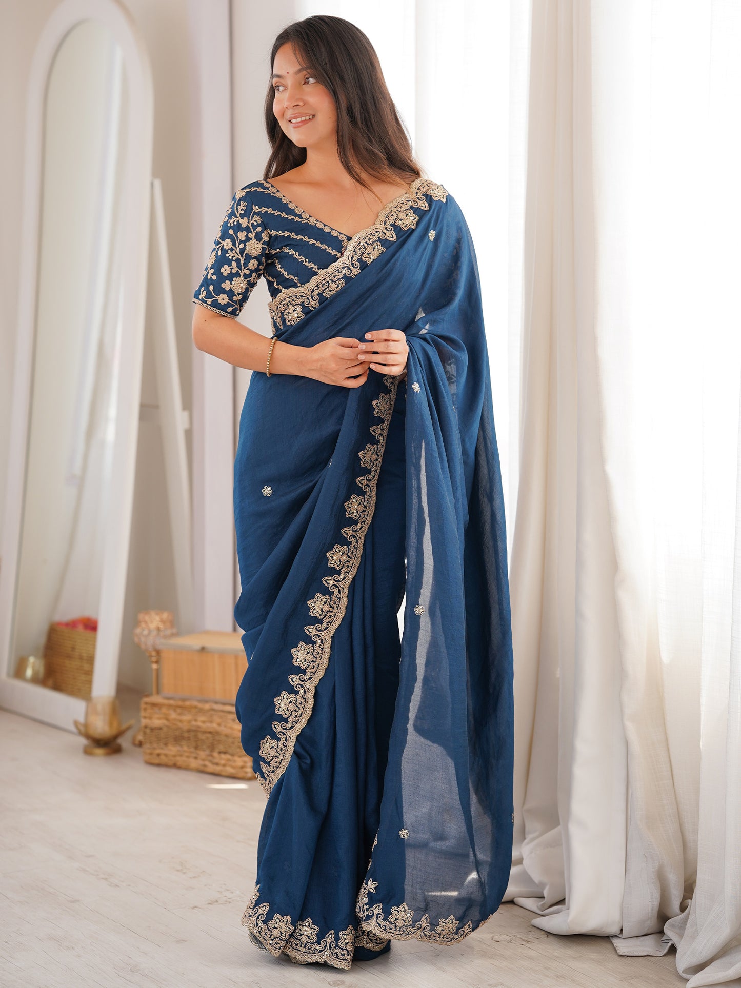 Women's Vichitra Silk Blue Embellished Designer Saree With Blouse Piece