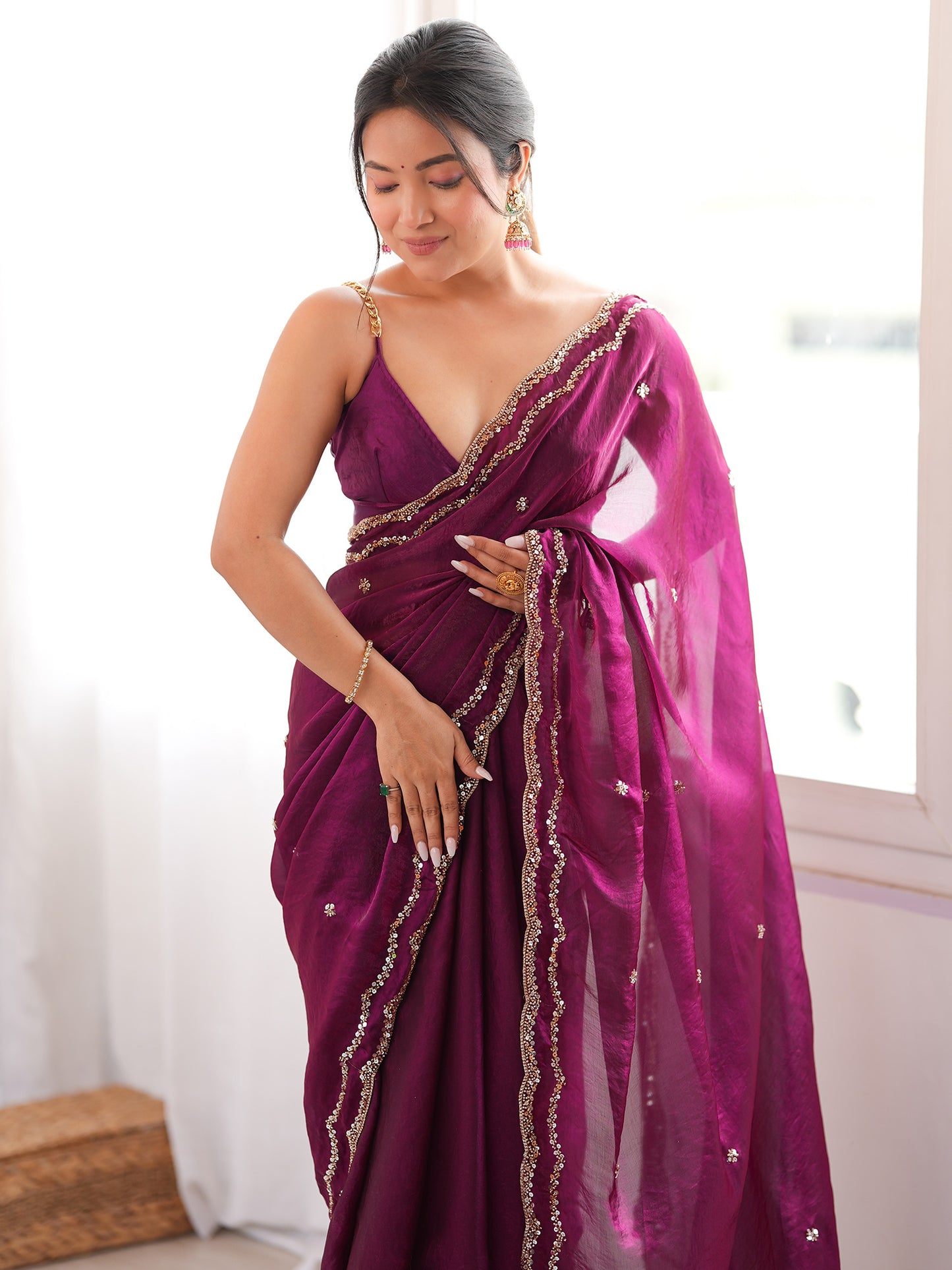 Women's Satin Silk Wine Embellished Designer Saree With Blouse Piece