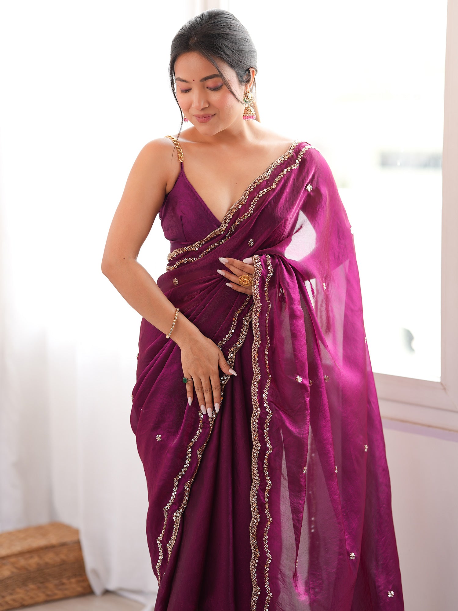 Women's Satin Silk Wine Embellished Designer Saree With Blouse Piece