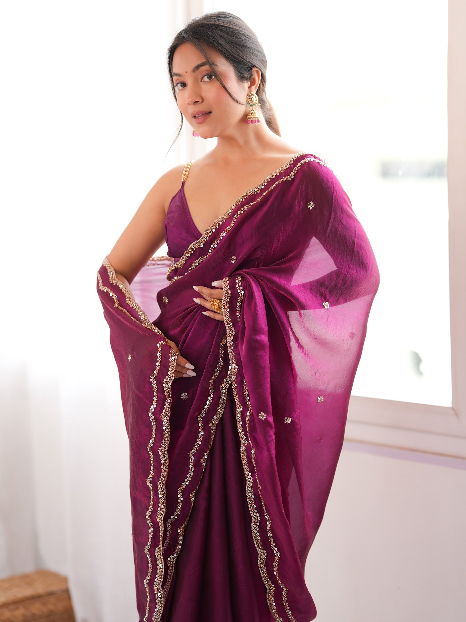 Women's Satin Silk Wine Embellished Designer Saree With Blouse Piece
