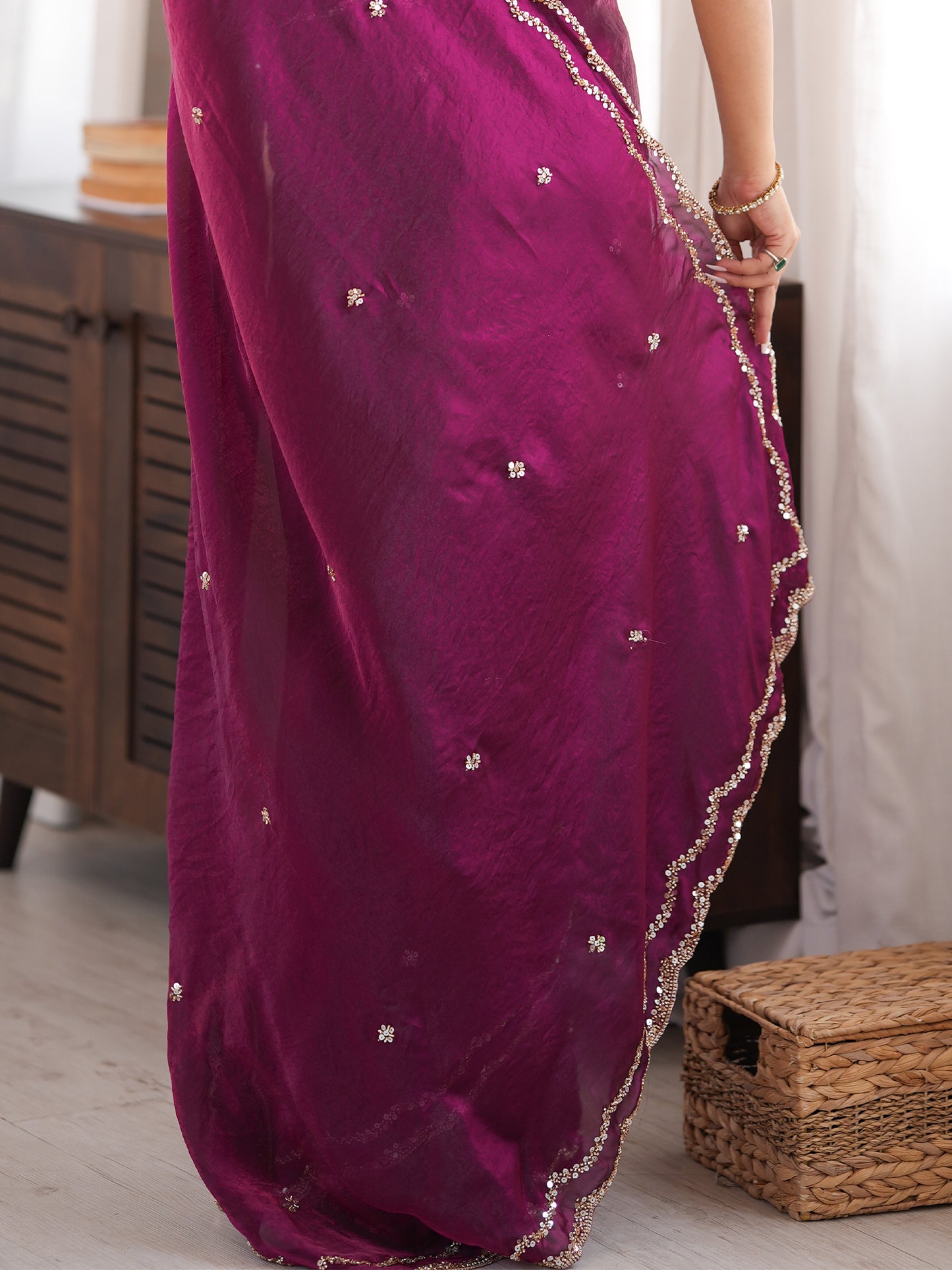 Women's Satin Silk Wine Embellished Designer Saree With Blouse Piece