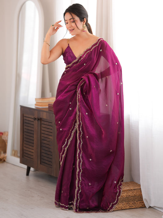 Women's Satin Silk Wine Embellished Designer Saree With Blouse Piece