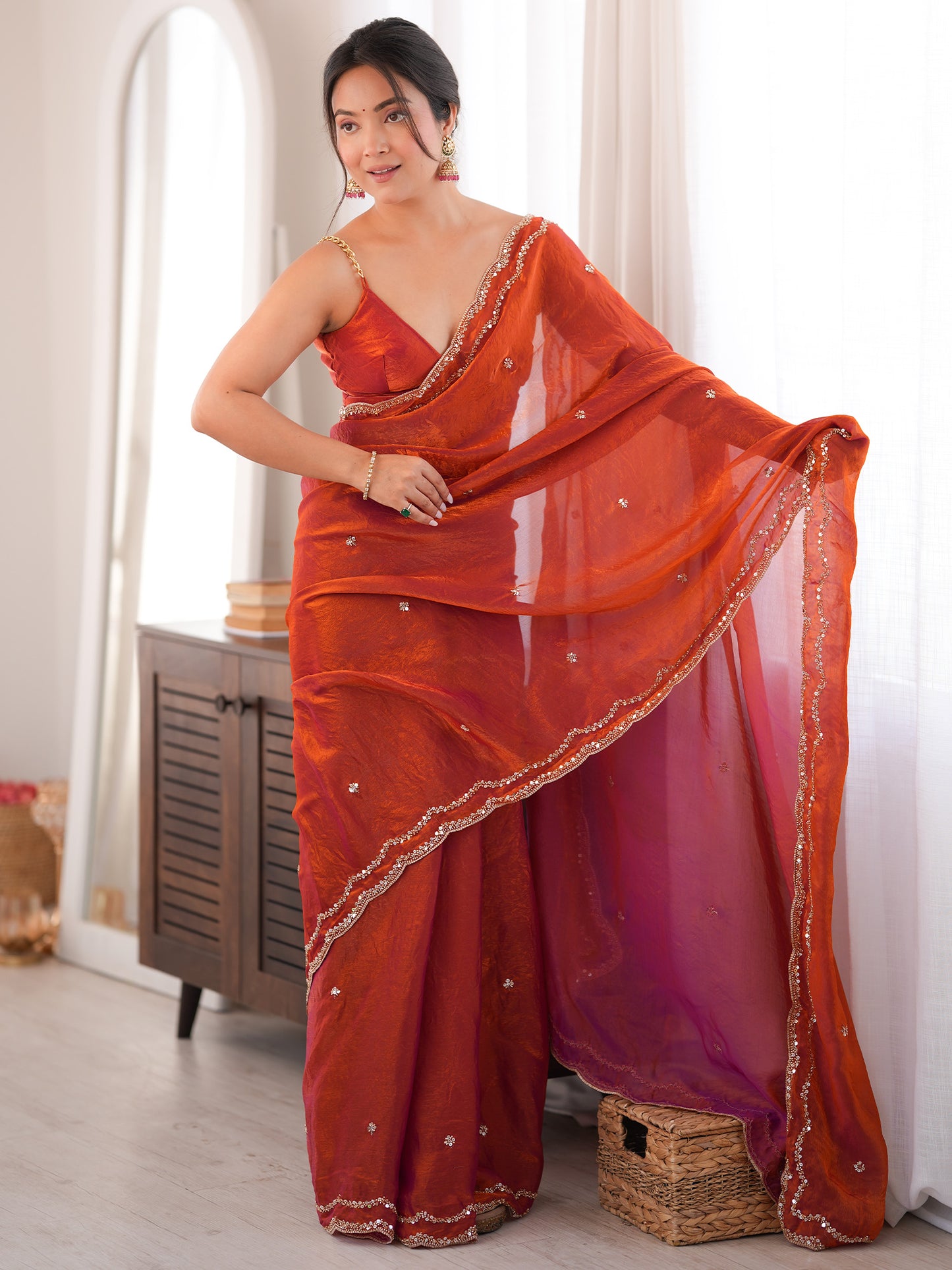 Women's Satin Silk Orange Embellished Designer Saree With Blouse Piece