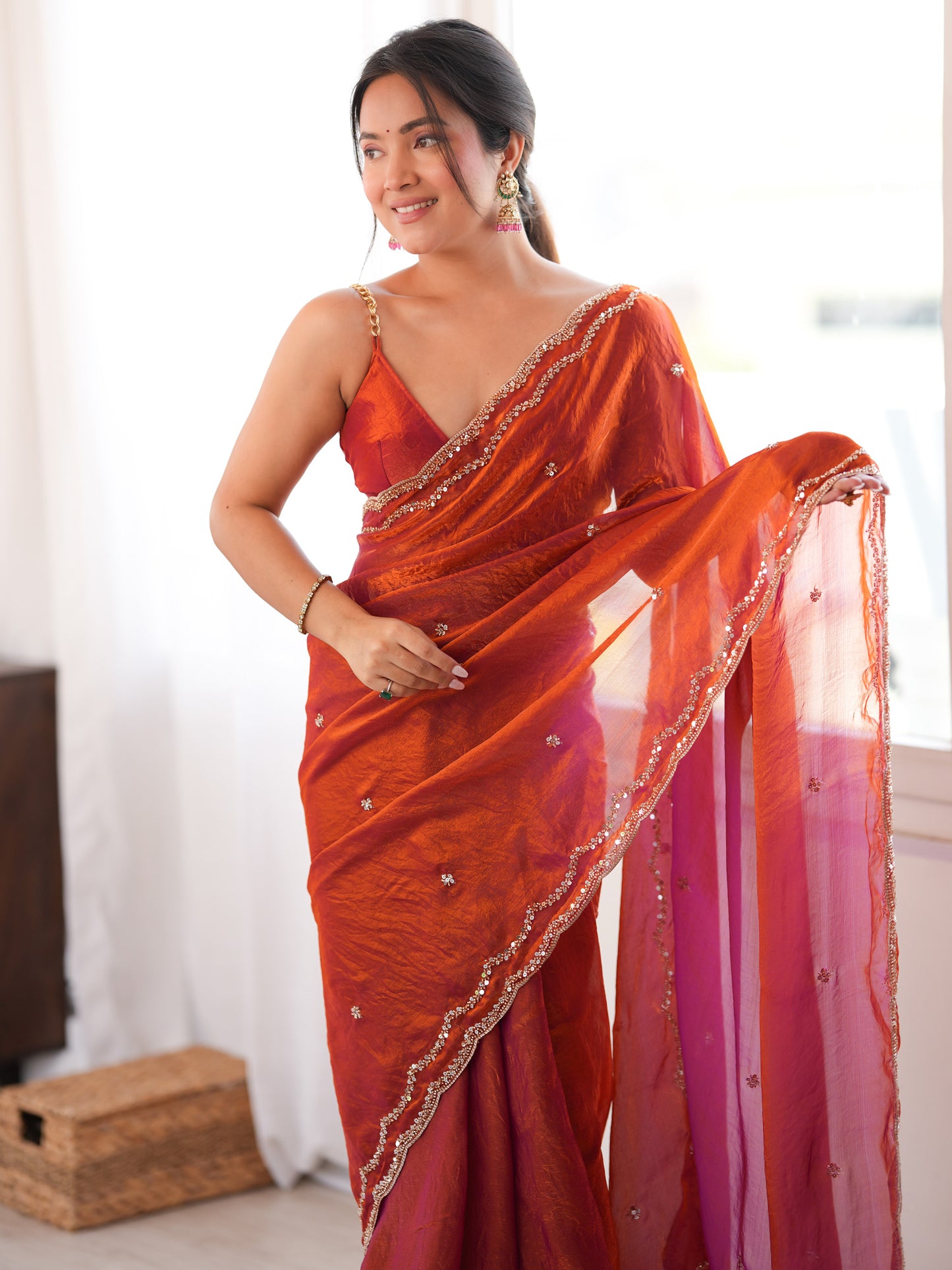 Women's Satin Silk Orange Embellished Designer Saree With Blouse Piece