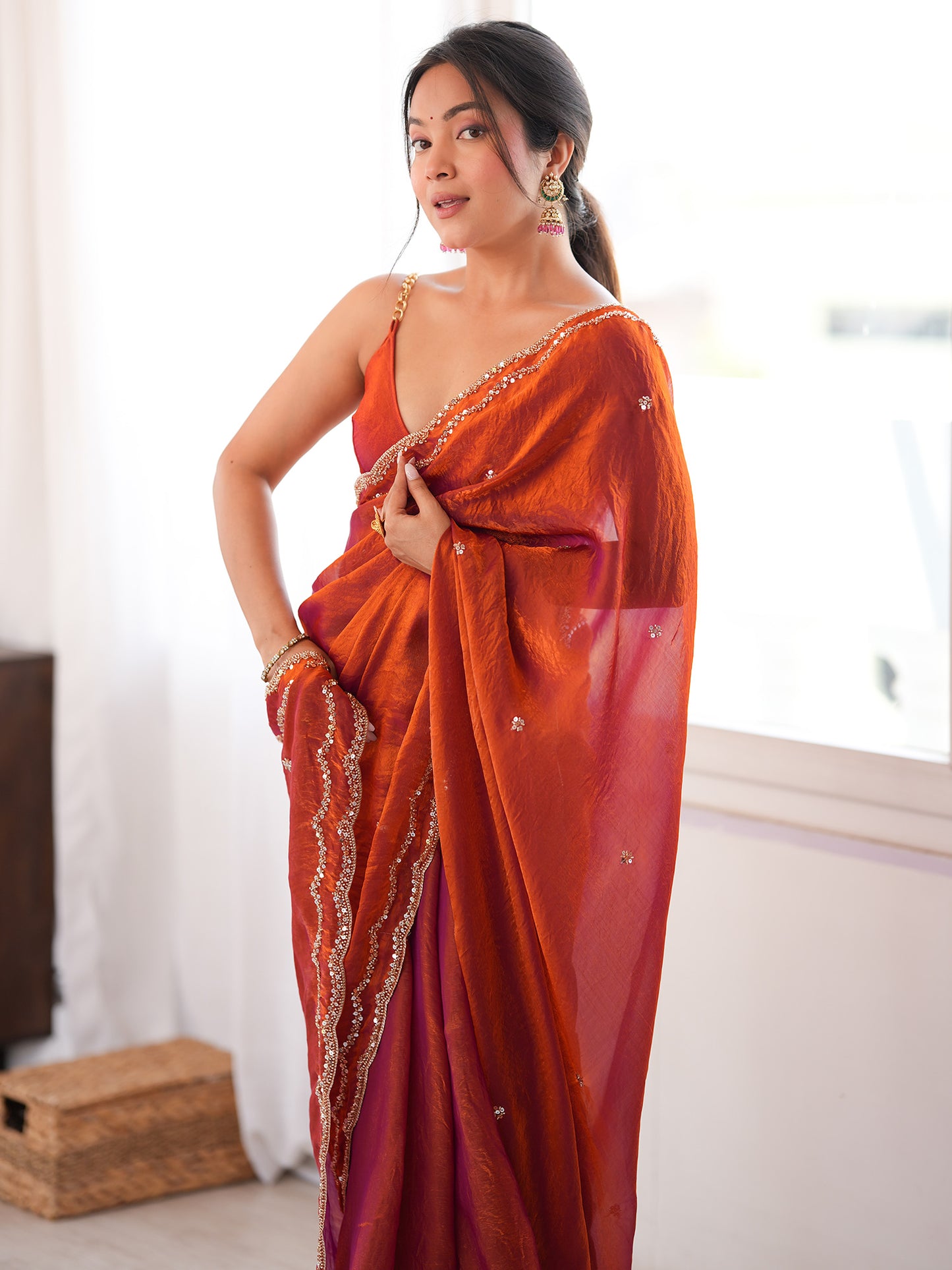 Women's Satin Silk Orange Embellished Designer Saree With Blouse Piece