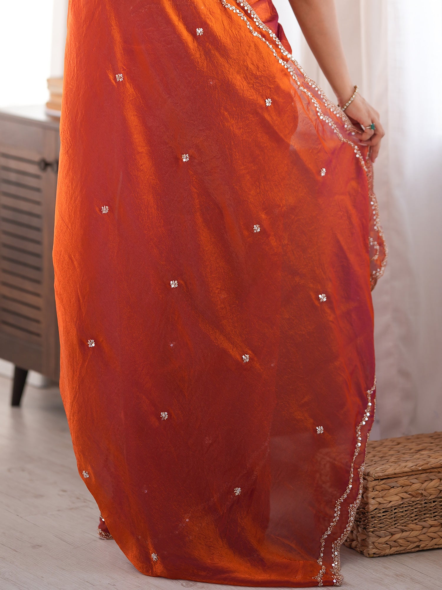Women's Satin Silk Orange Embellished Designer Saree With Blouse Piece