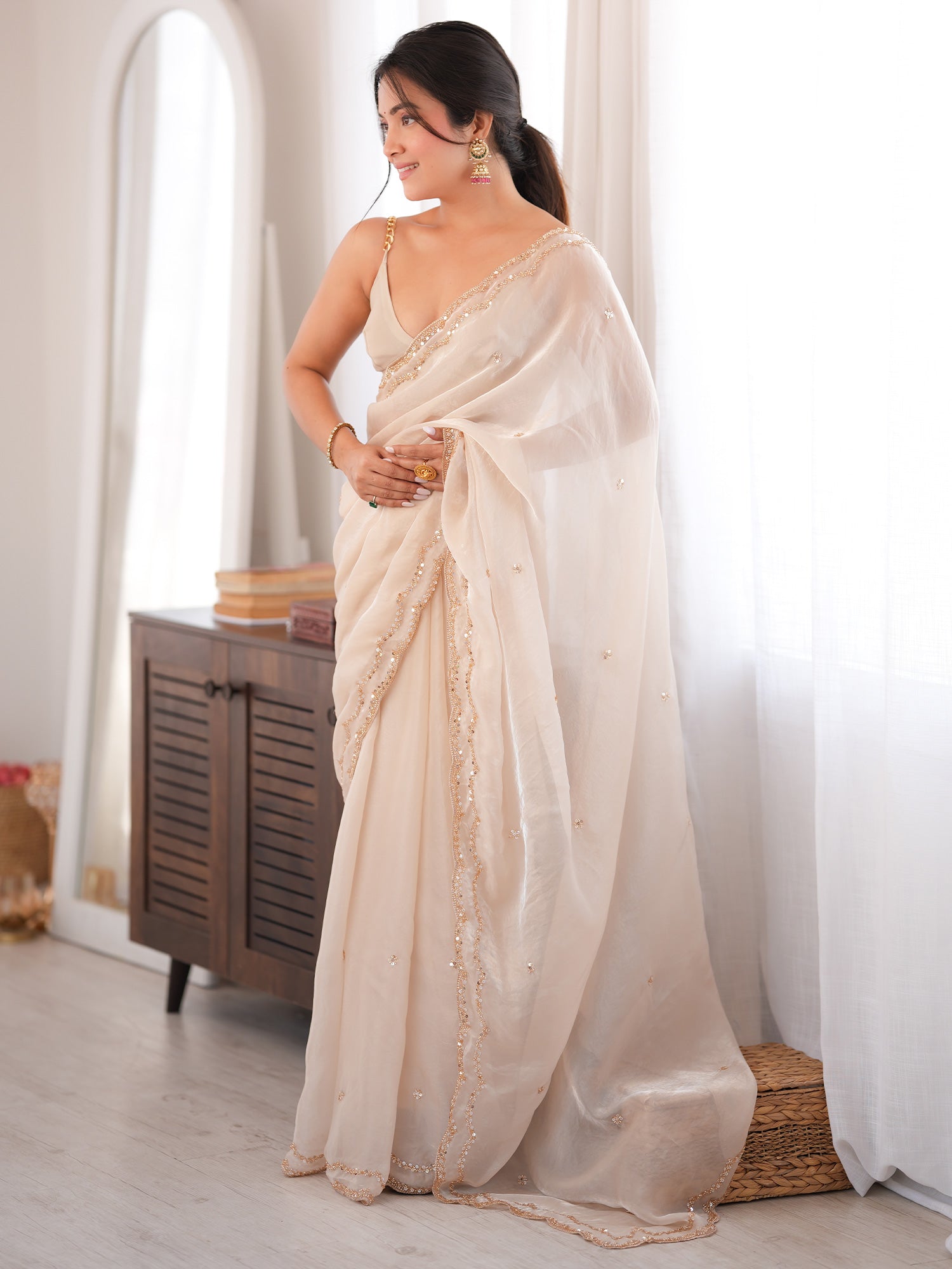 Women's Satin Silk Off White Embellished Designer Saree With Blouse Piece