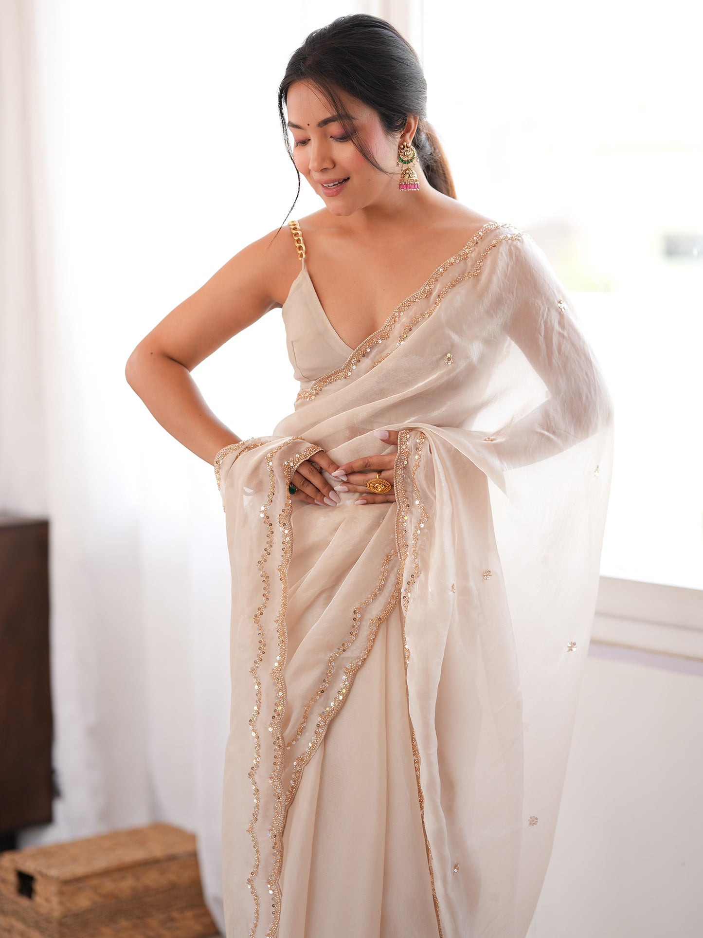 Women's Satin Silk Off White Embellished Designer Saree With Blouse Piece